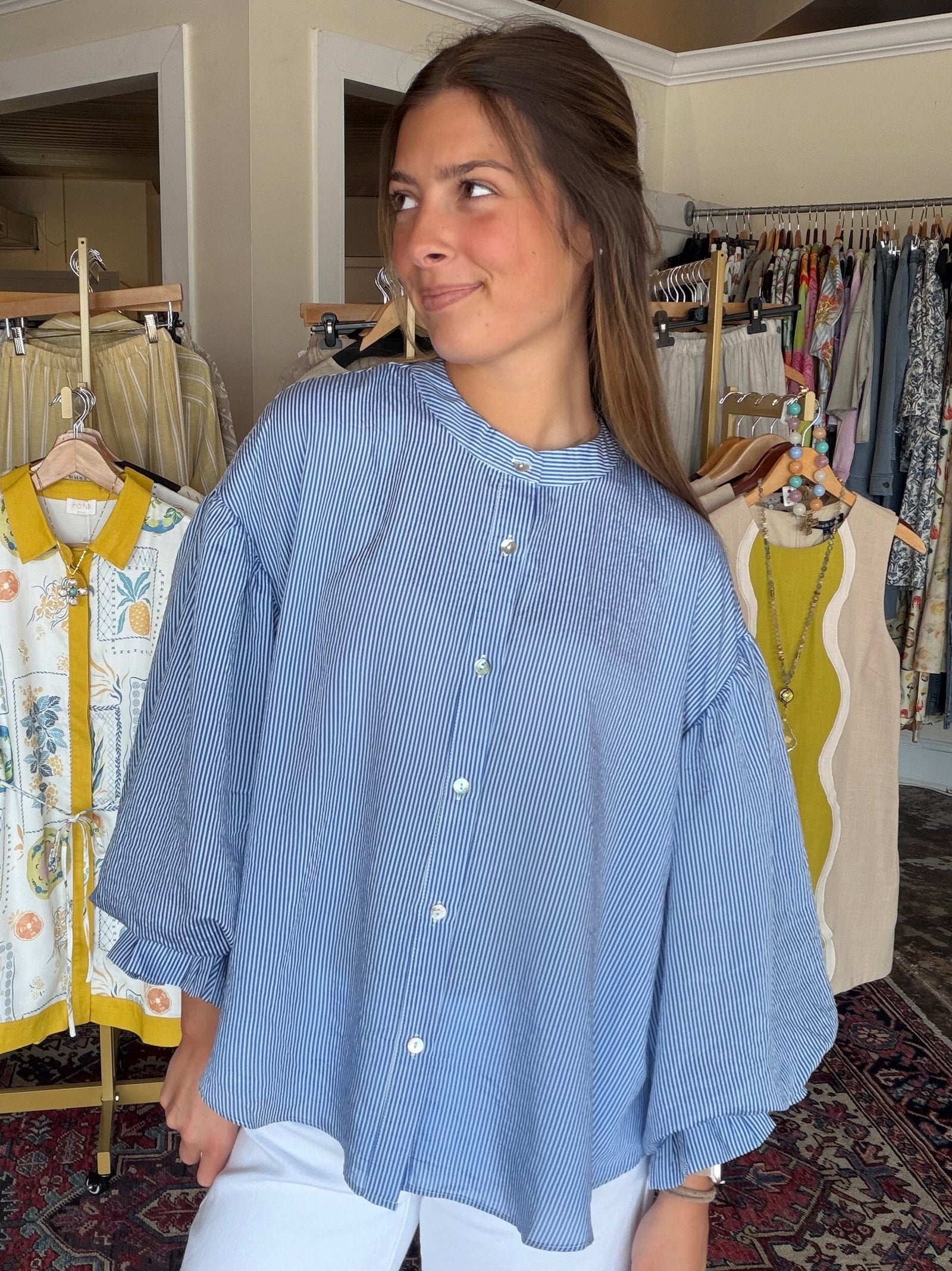 Bluebell Stripe Button-Up Top