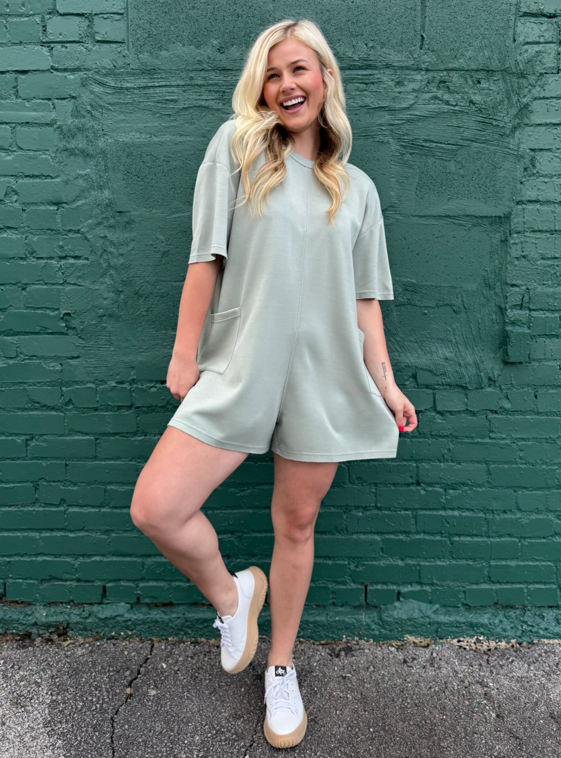 green emerald velvet dress Simply Southern Tara Romper Dress for Women in Sage