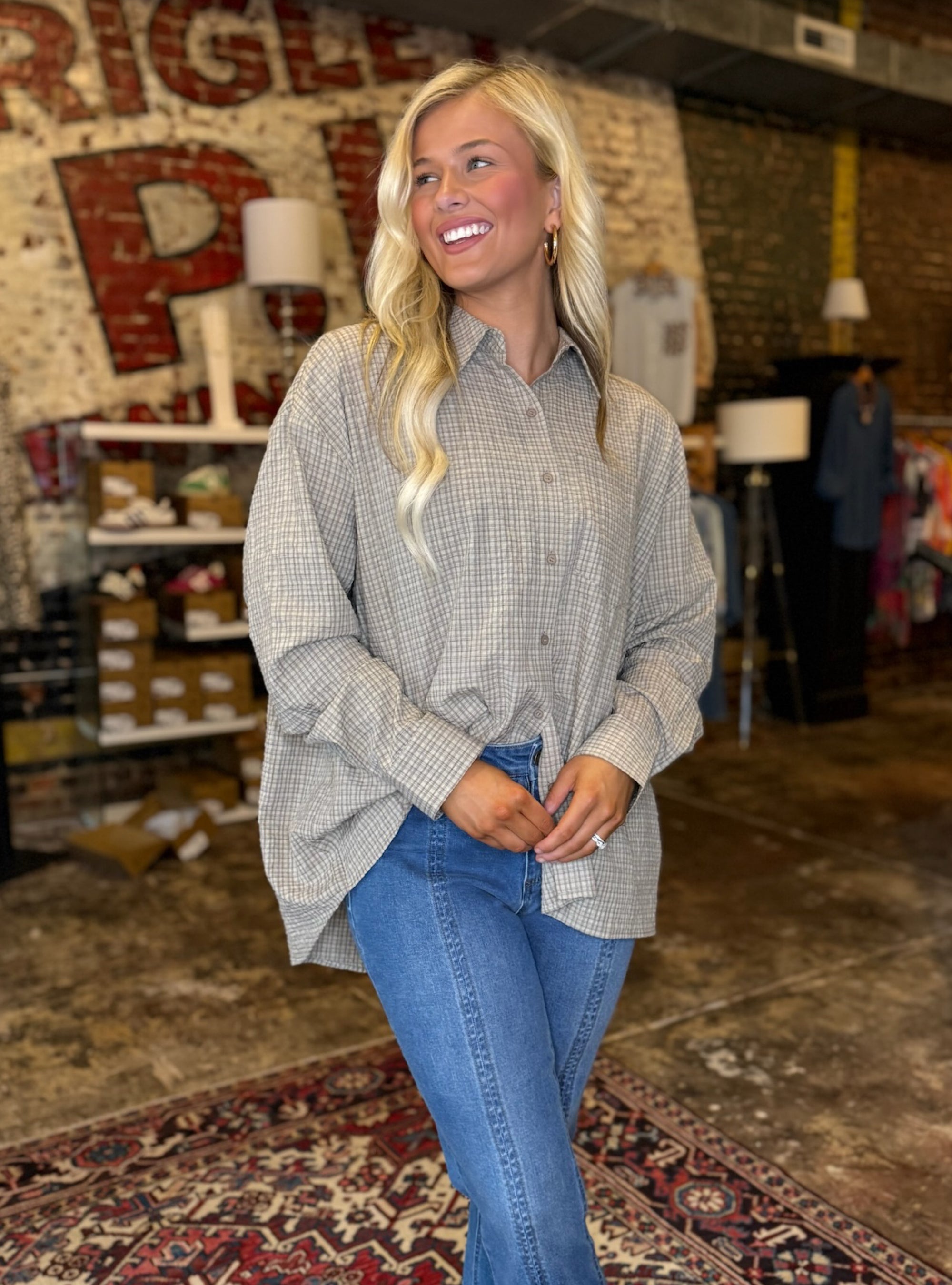 On The Grid Oversized Button-Up Top