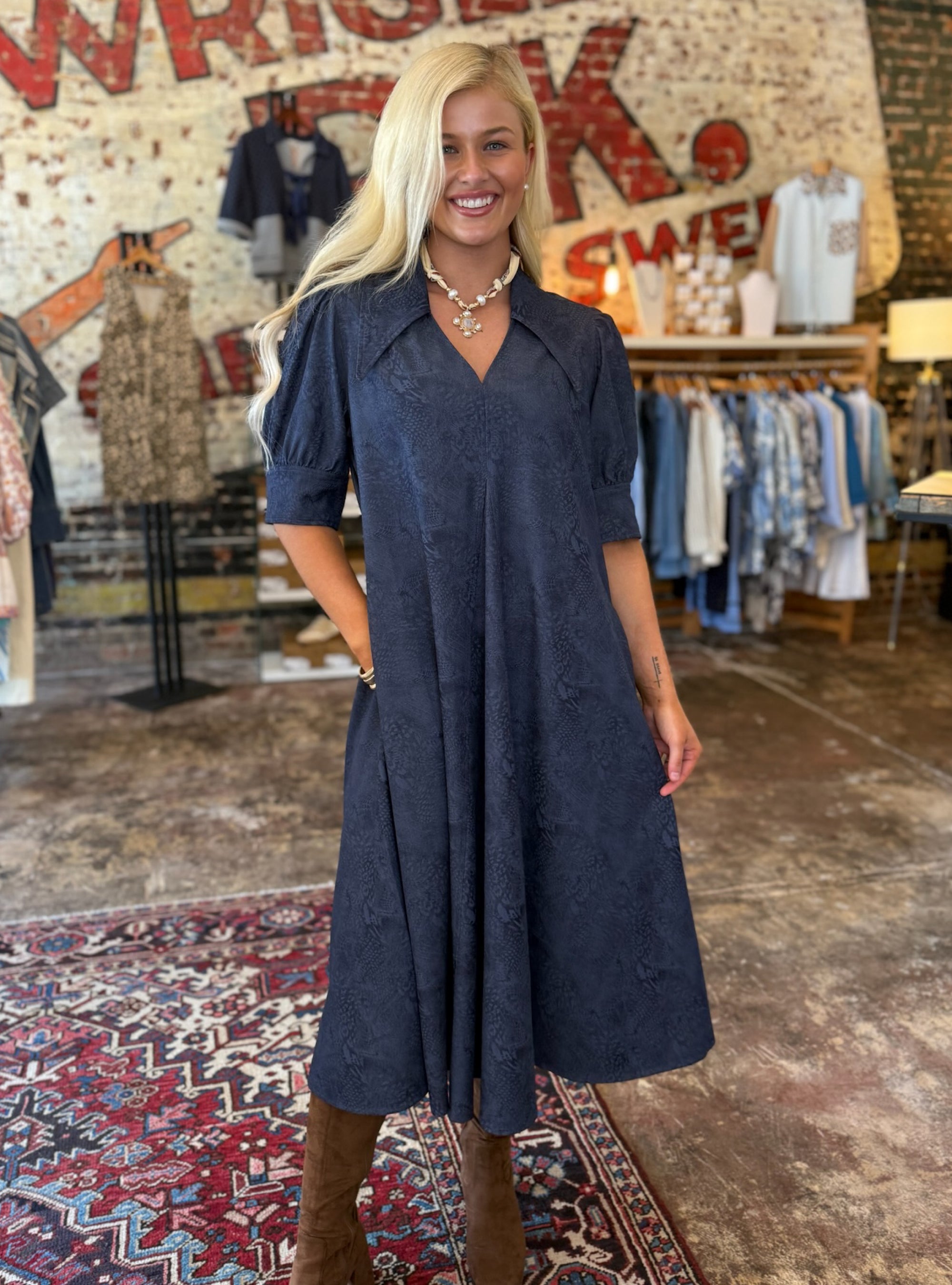 Lior Amber Pointed Collar Dress - Embossed Denim