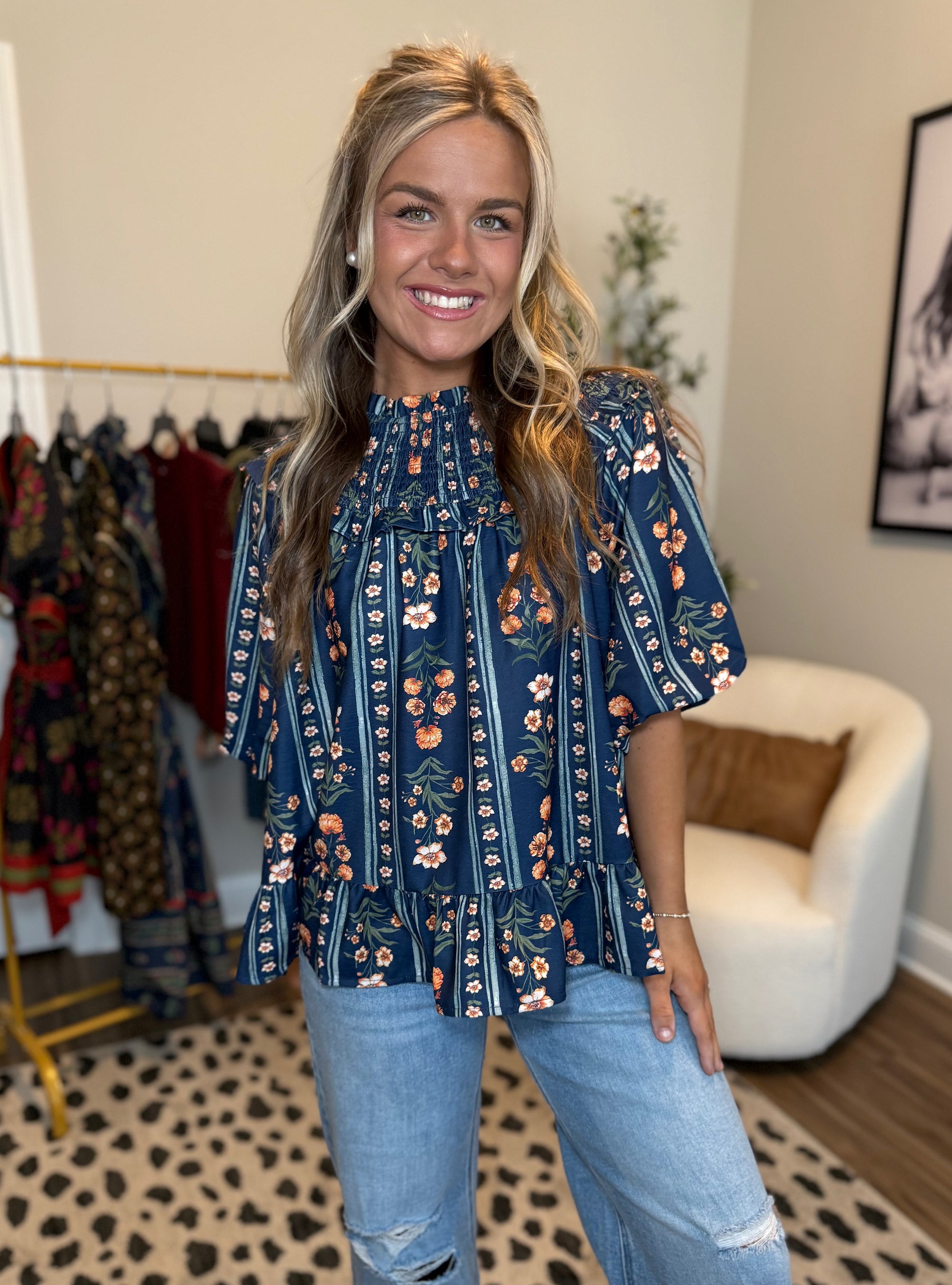 Floral Intentions Smocked Neck Top