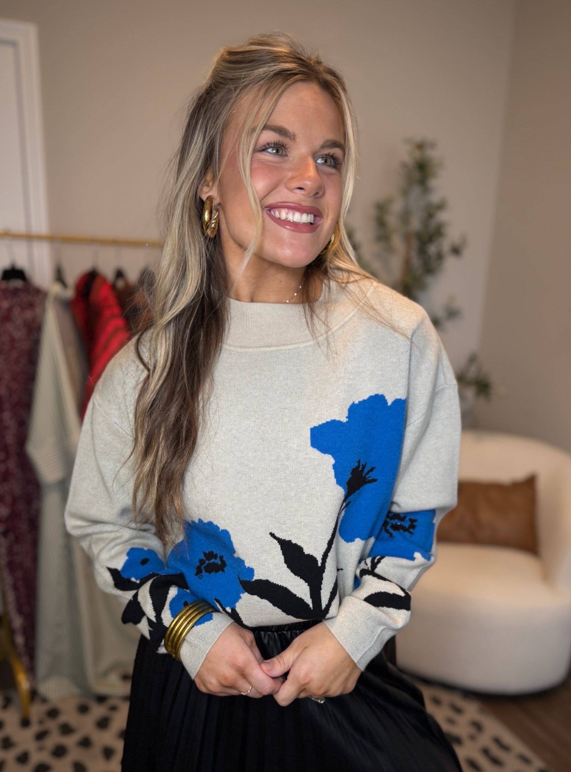 APNY Blue Floral Mock Neck Sweater