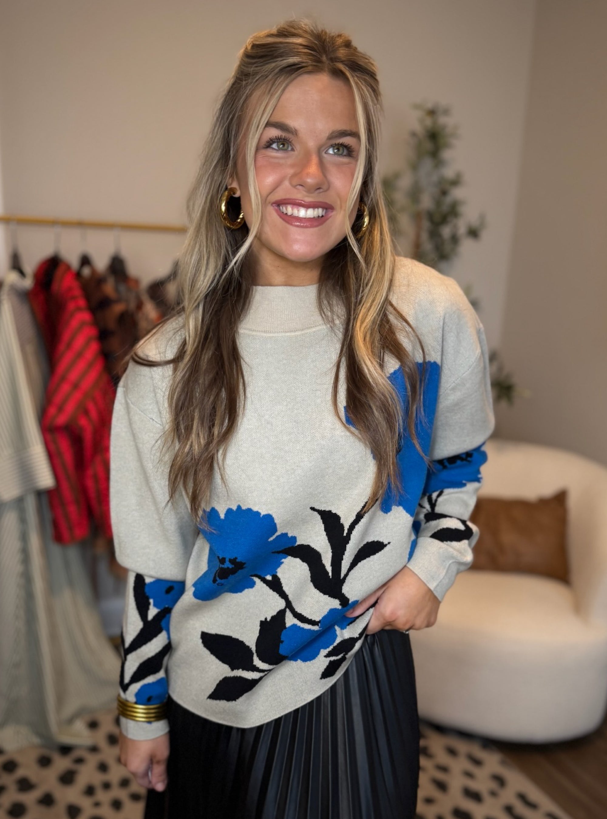 APNY Blue Floral Mock Neck Sweater