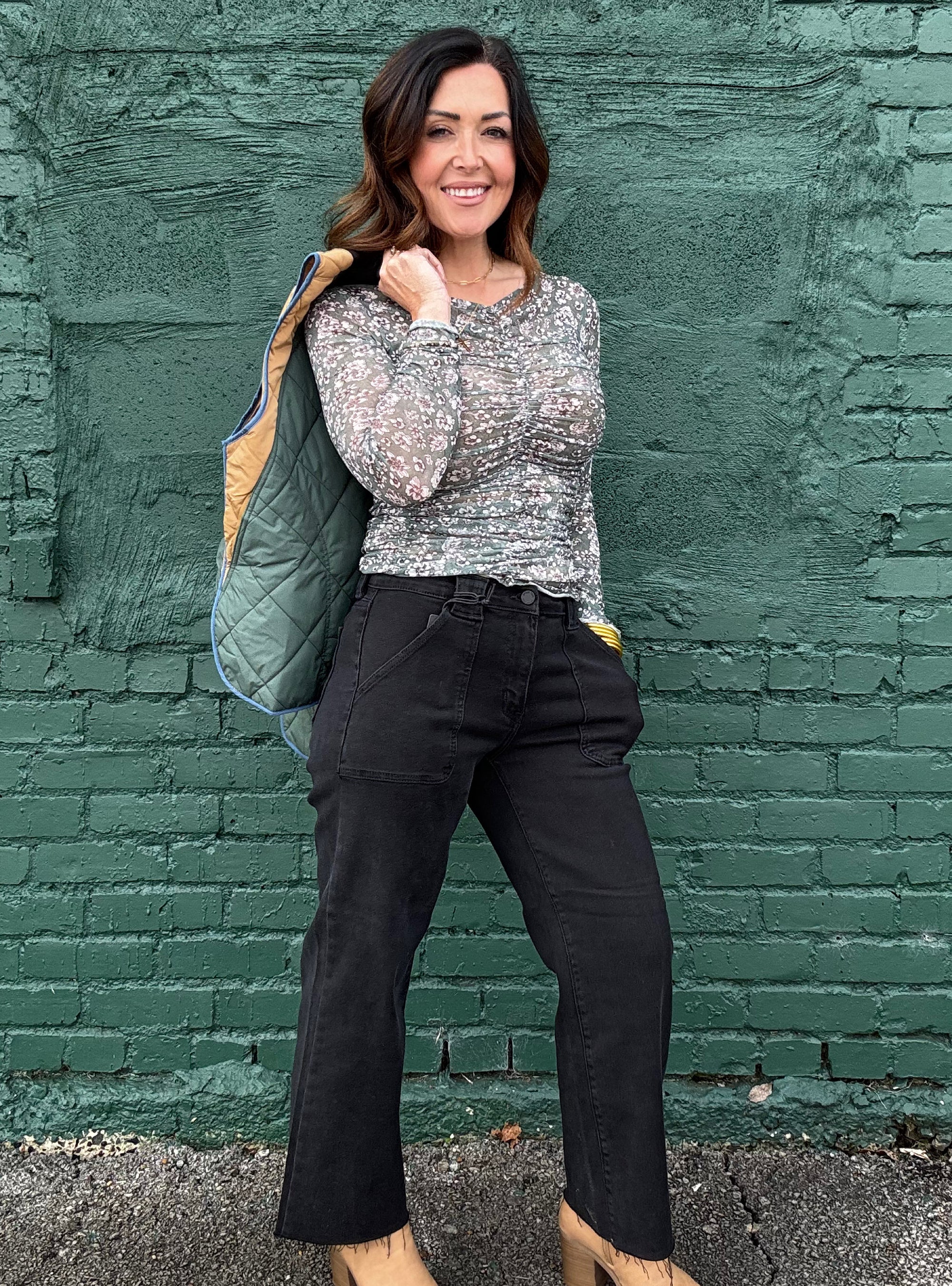 Mesh Moments Ruched Top - Green