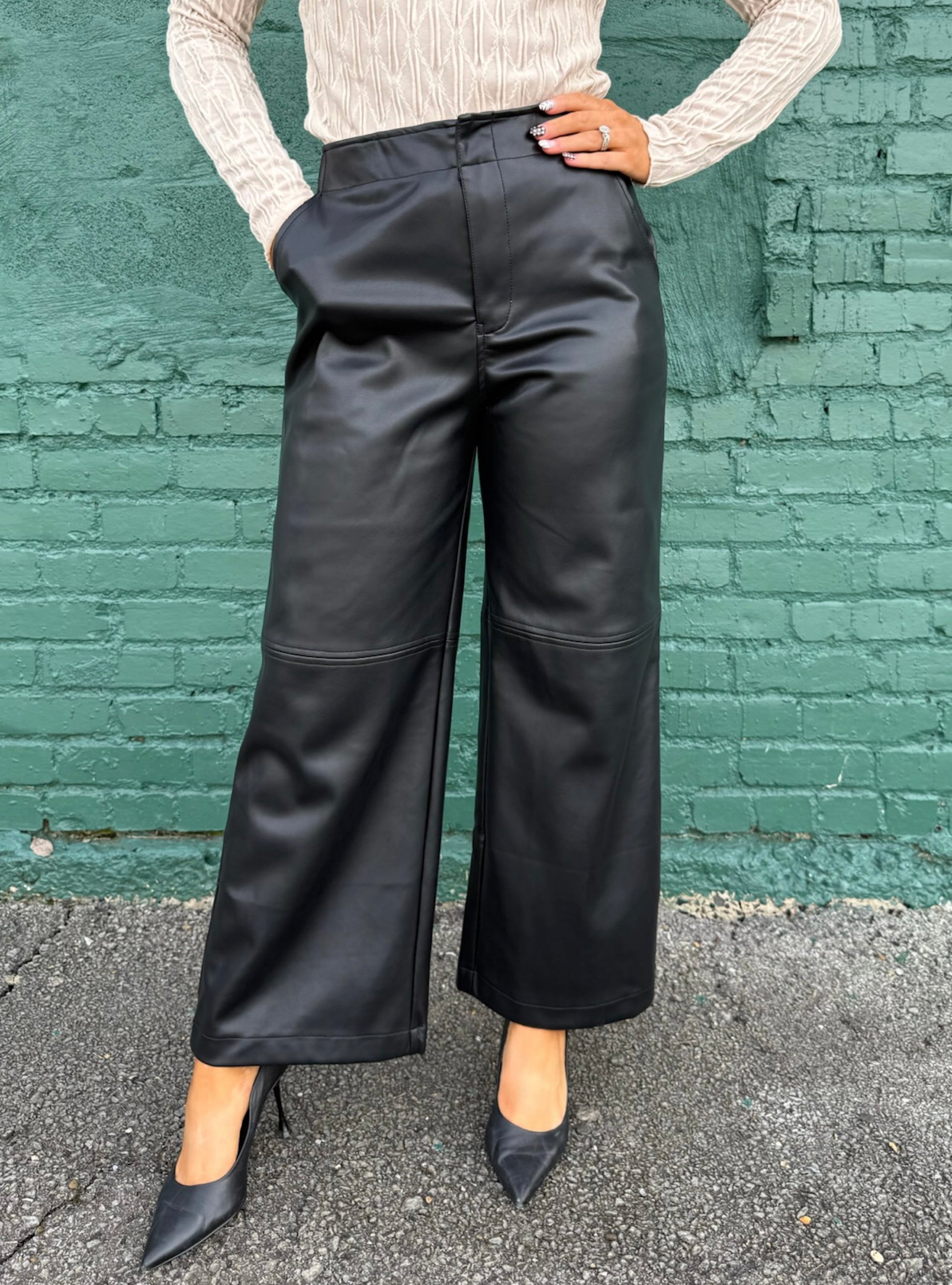 Smooth Move Faux Leather Wide Leg Pants