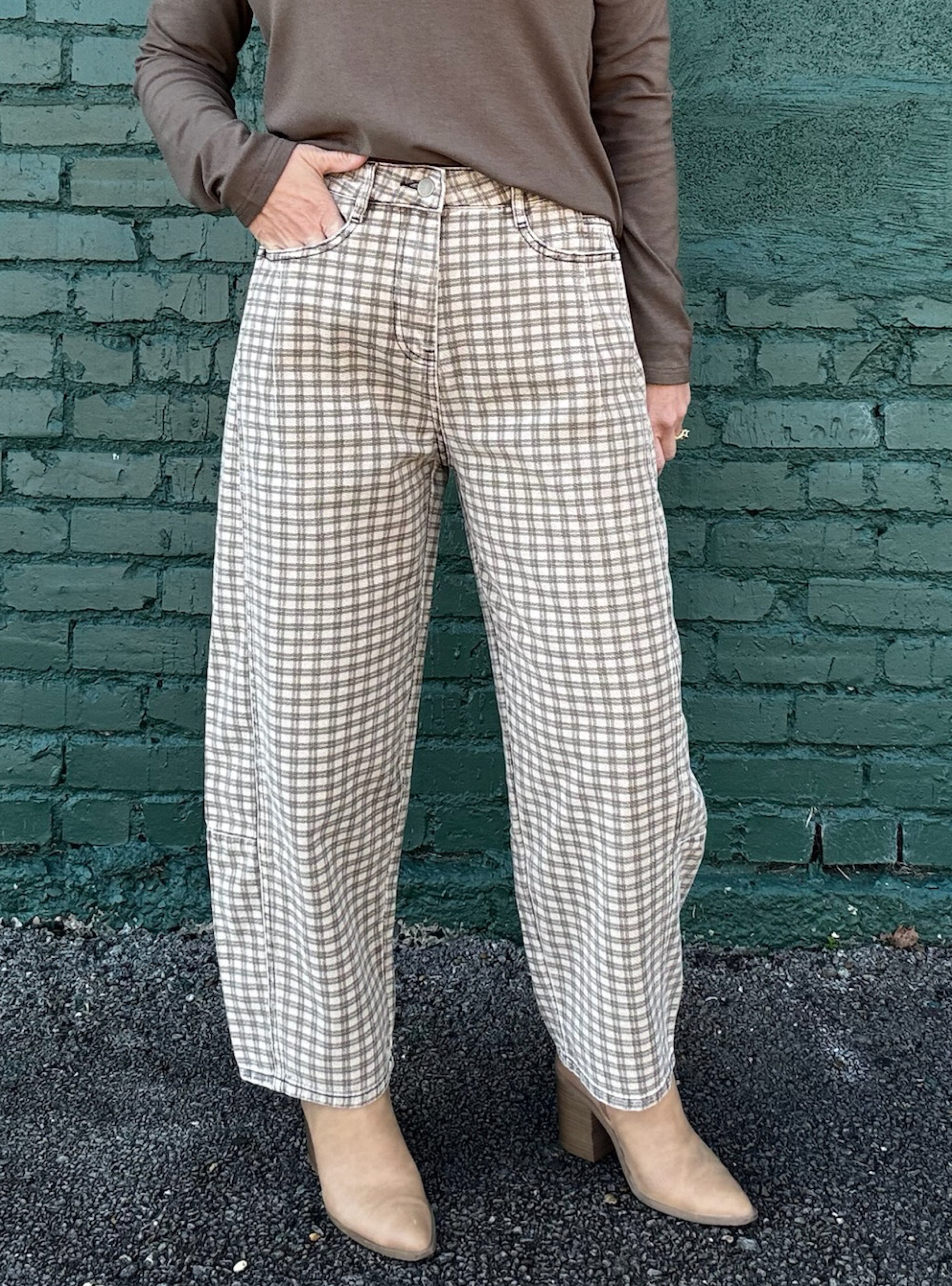 Checkin’ Out The Season Gingham Barrel Jeans
