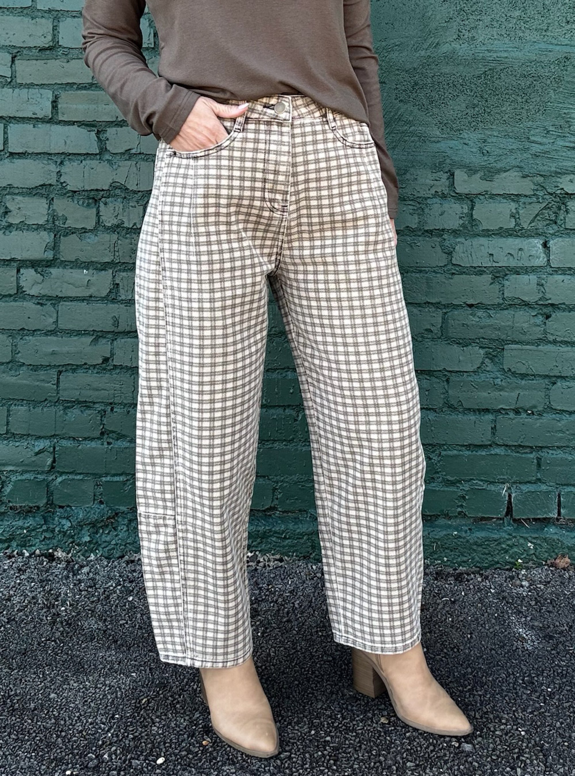 Checkin’ Out The Season Gingham Barrel Jeans