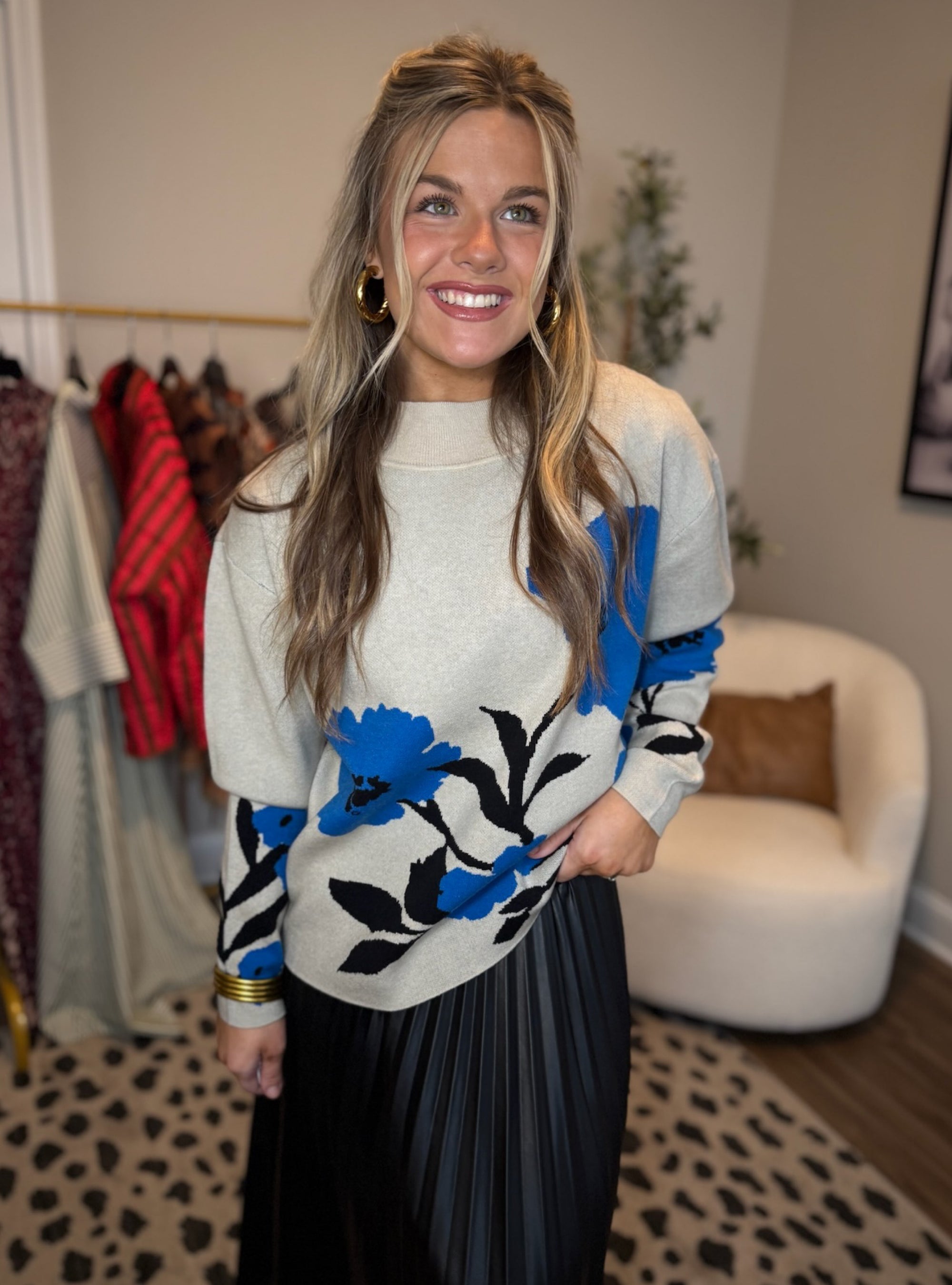 APNY Blue Floral Mock Neck Sweater