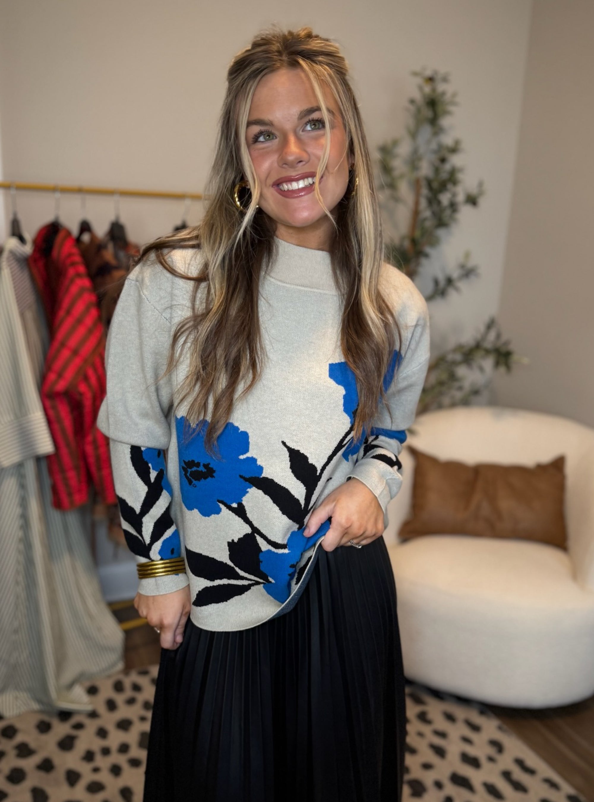 APNY Blue Floral Mock Neck Sweater