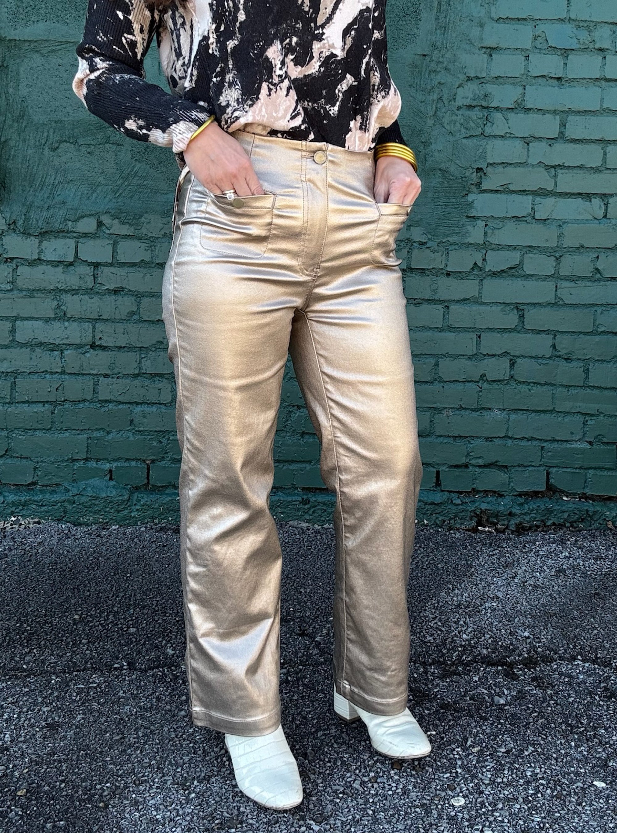 Charlie B Gold Metallic Wax Wide Leg Jeans