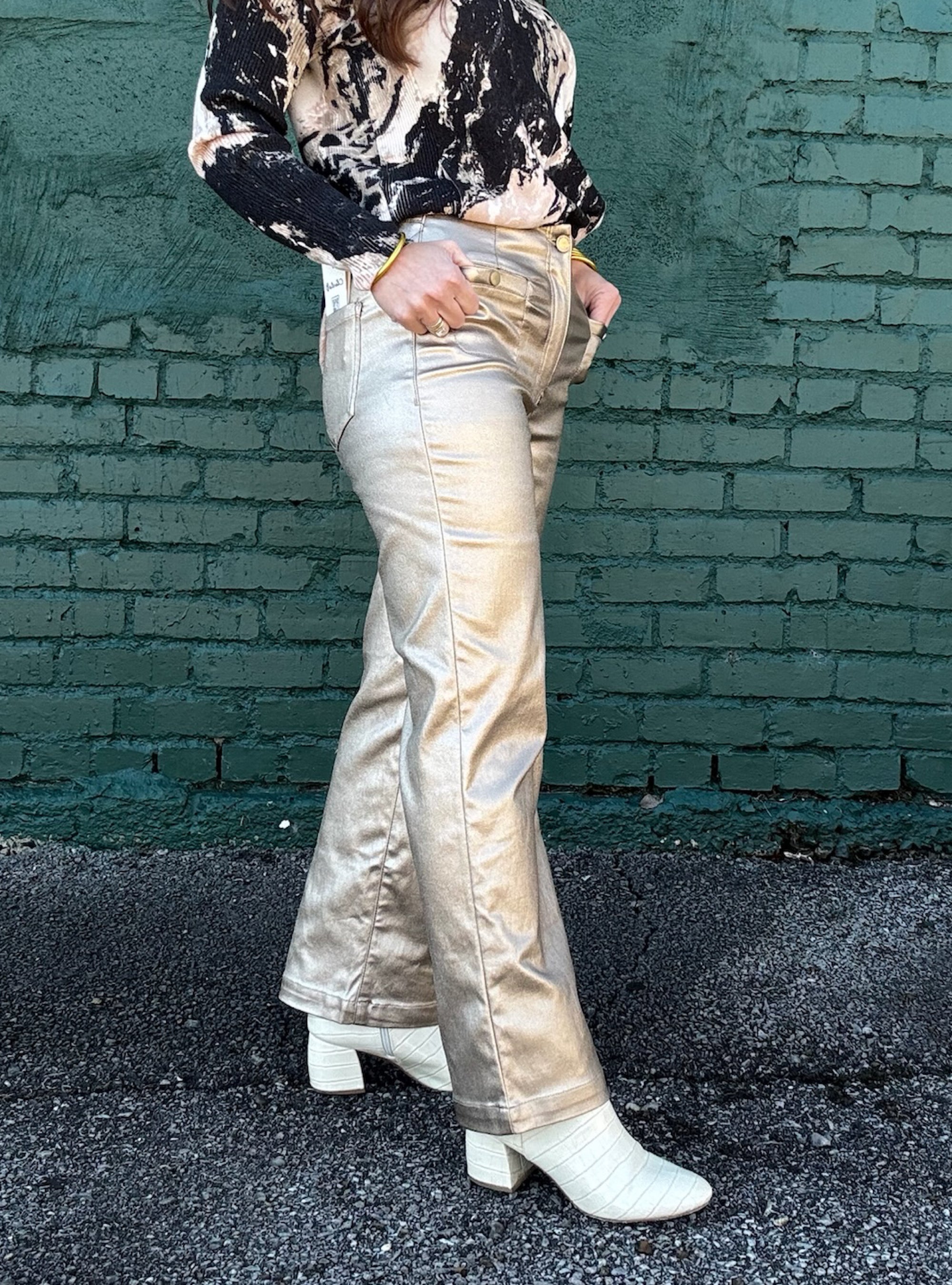 Charlie B Gold Metallic Wax Wide Leg Jeans