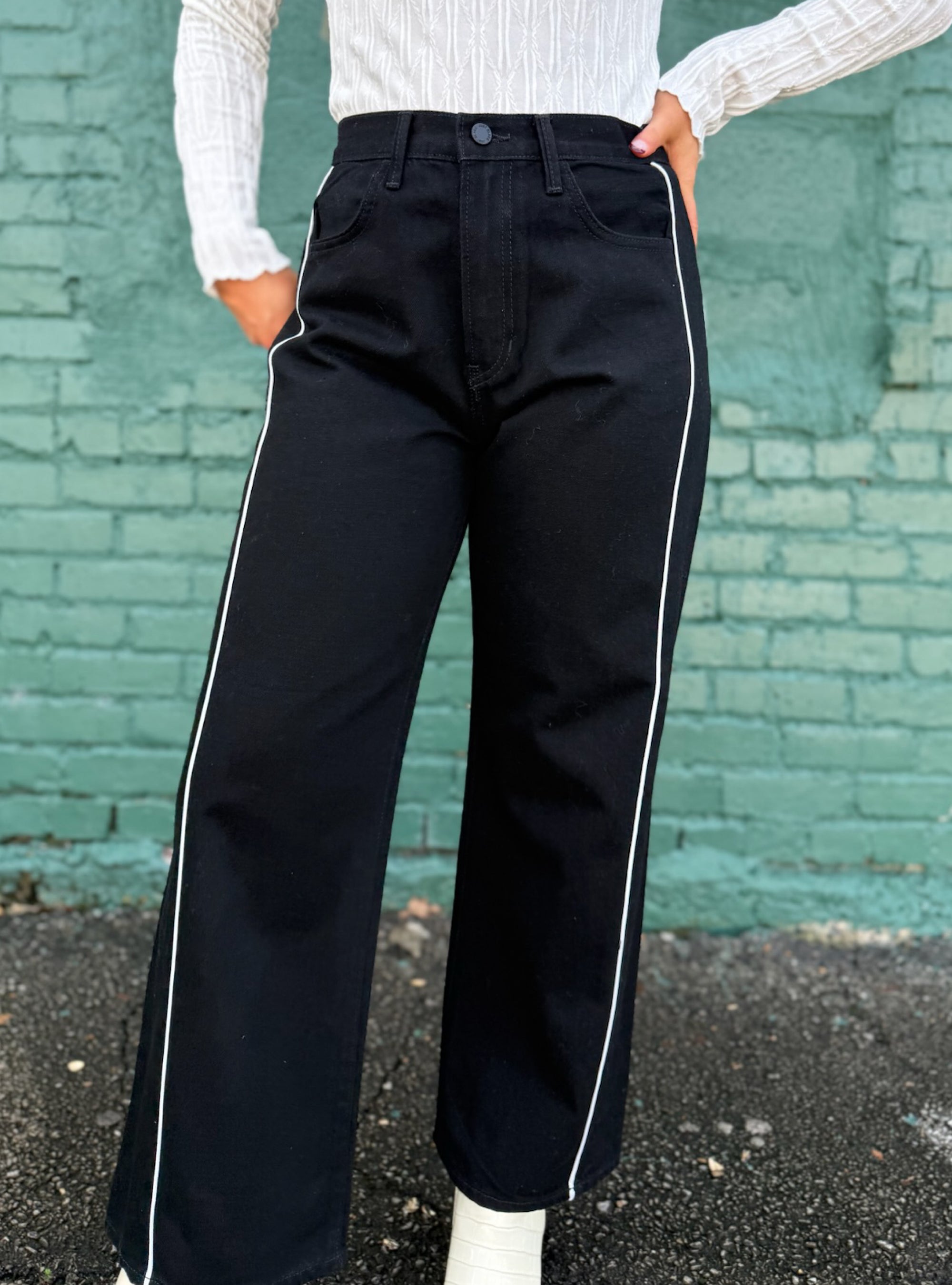 Just Black White Stripe Barrel Jeans