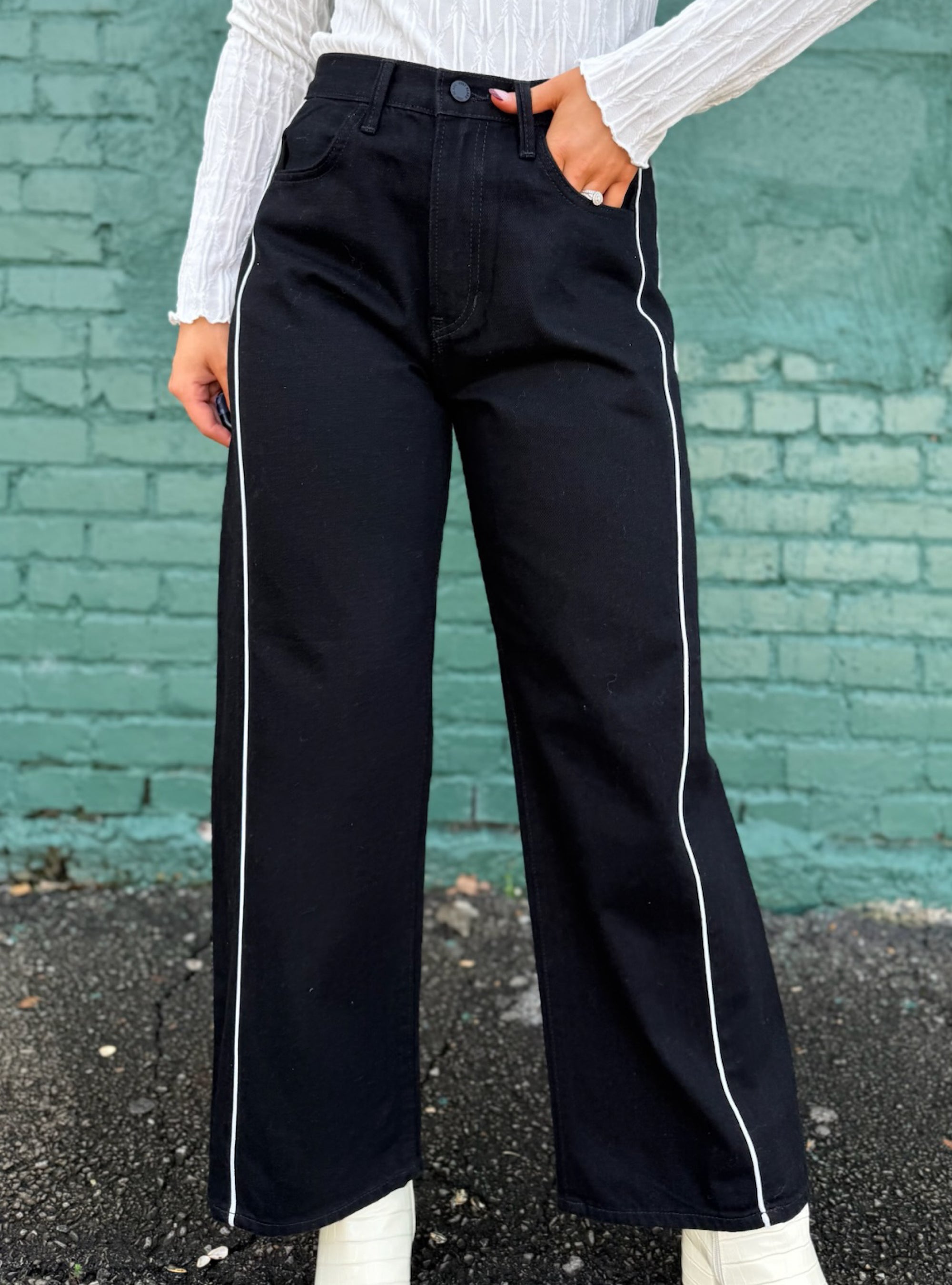 Just Black White Stripe Barrel Jeans