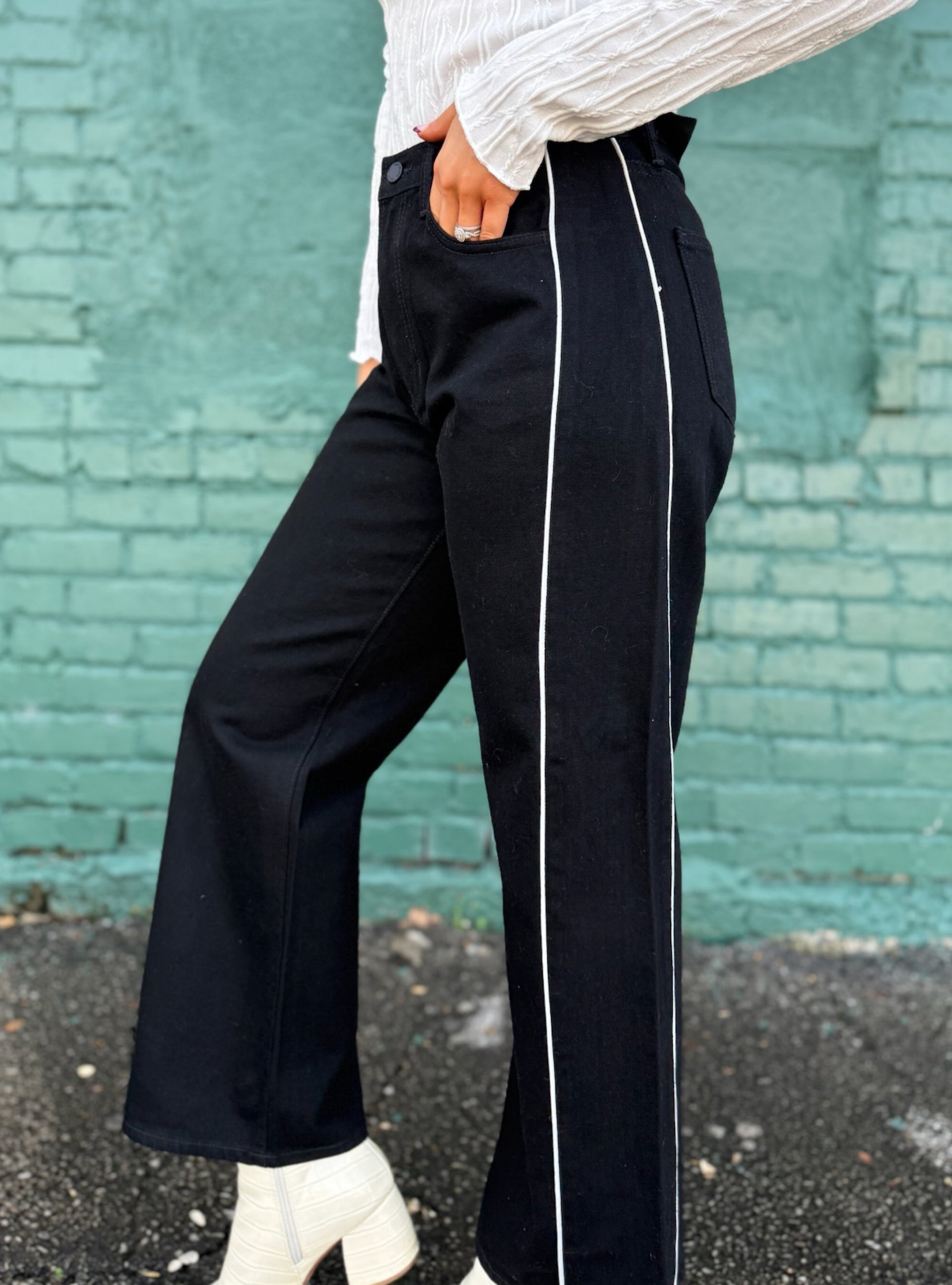 Just Black White Stripe Barrel Jeans