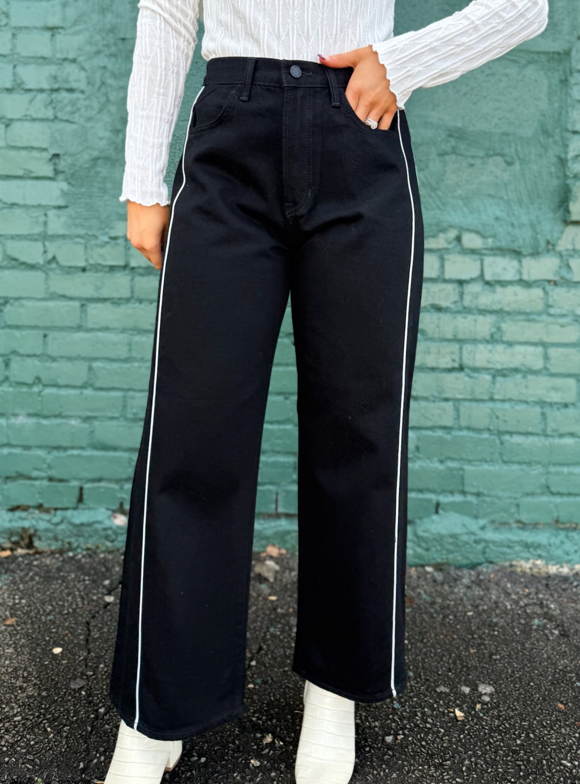 Just Black White Stripe Barrel Jeans
