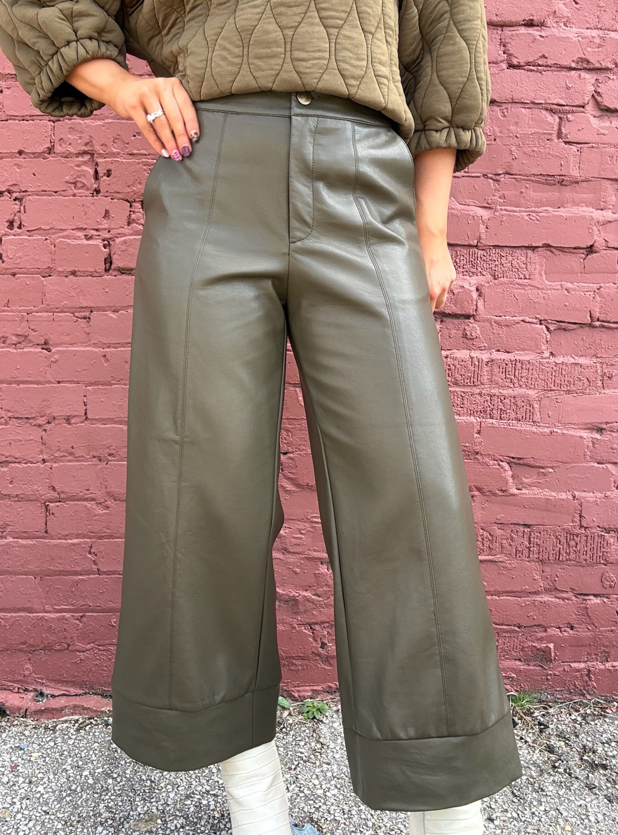 Feeling Smooth Olive Faux Leather Pants