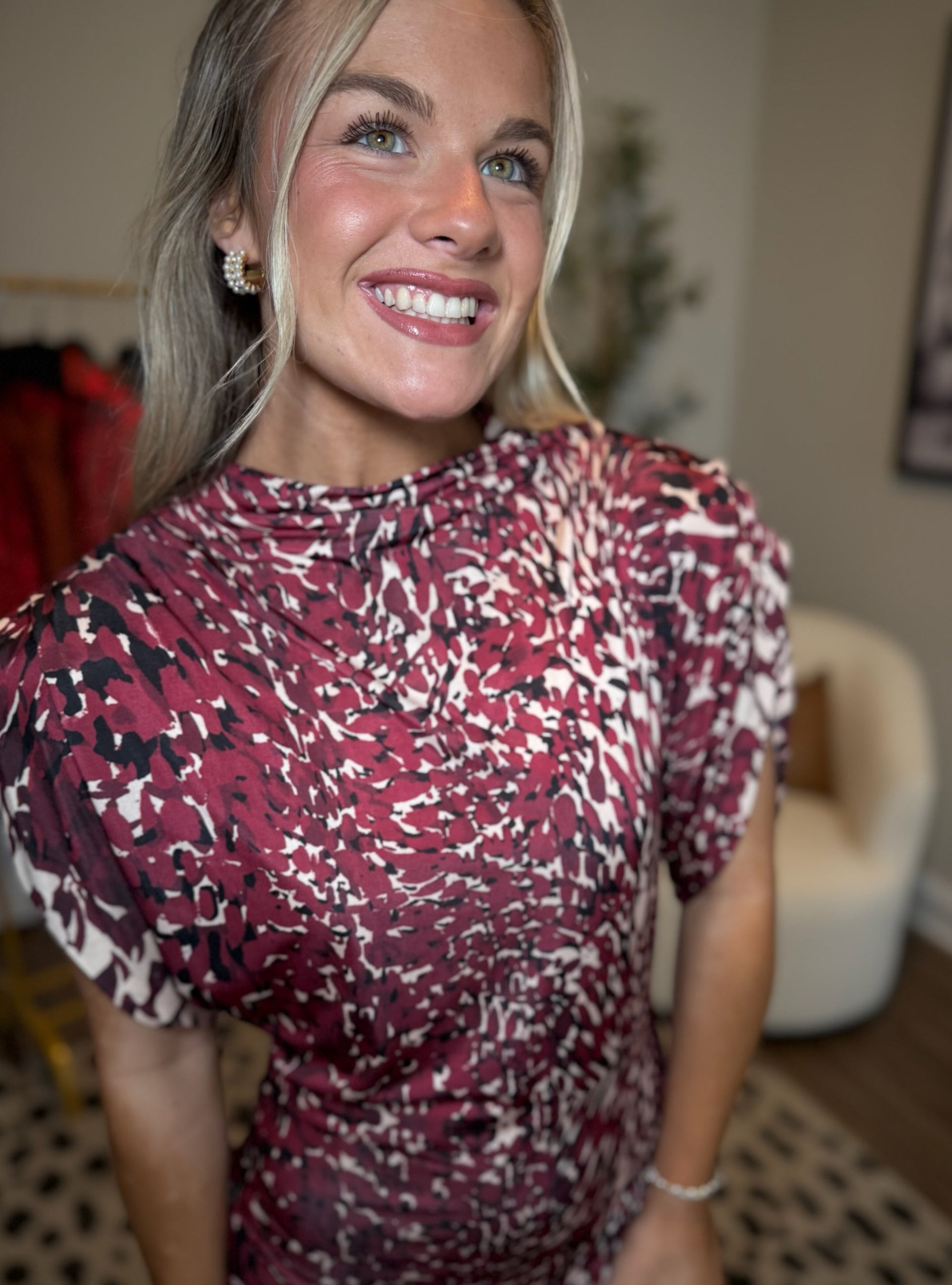 Astrid Wine Print Mock Neck Maxi Dres