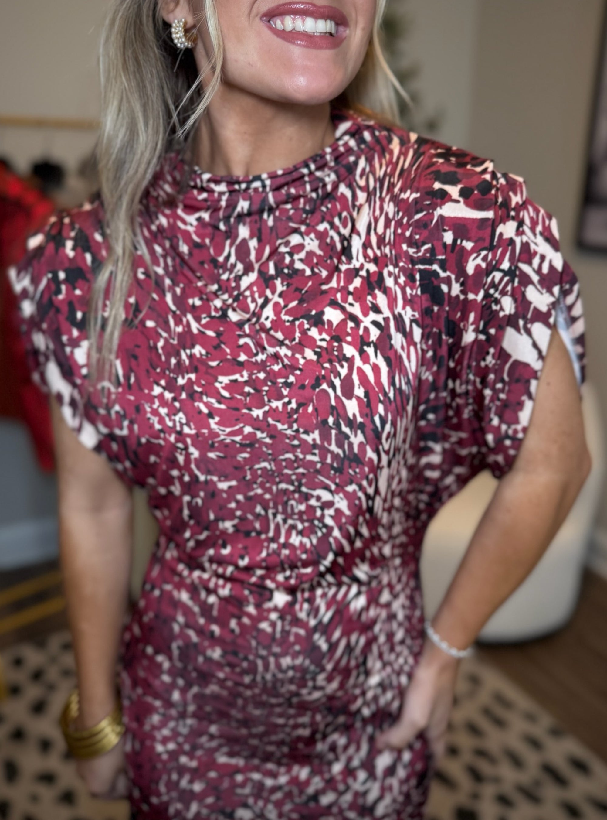 Astrid Wine Print Mock Neck Maxi Dres