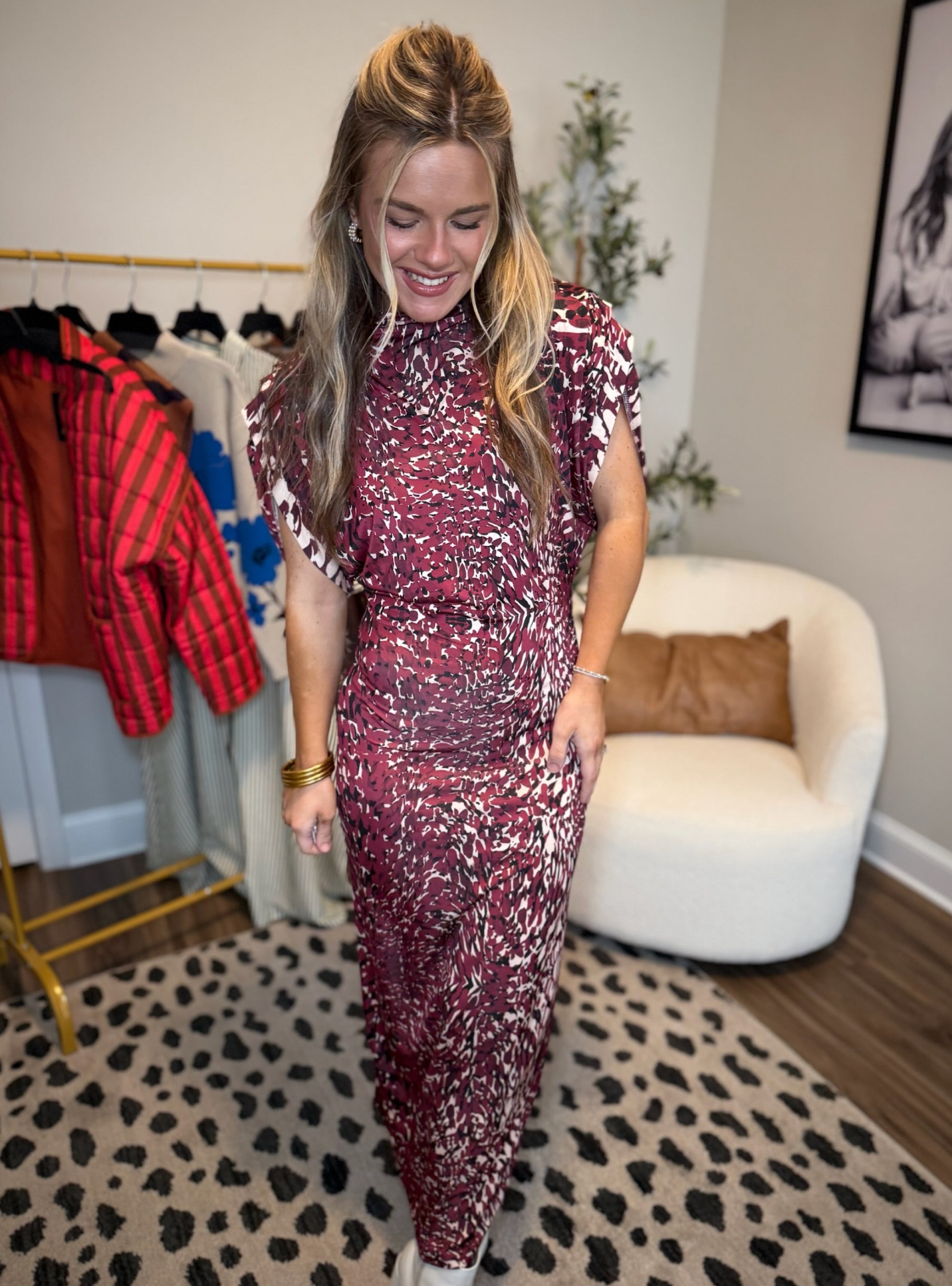 Astrid Wine Print Mock Neck Maxi Dres