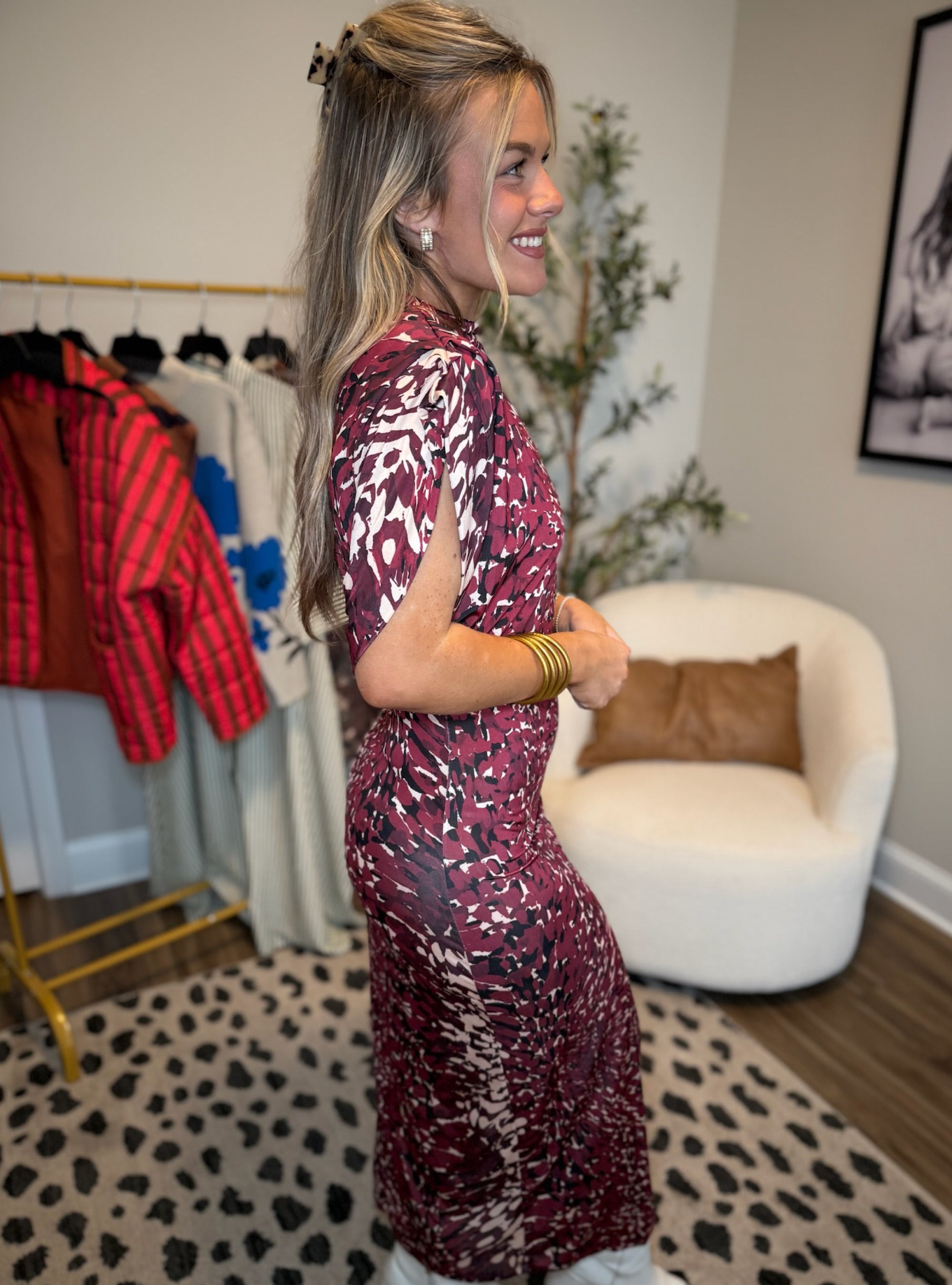 Astrid Wine Print Mock Neck Maxi Dres