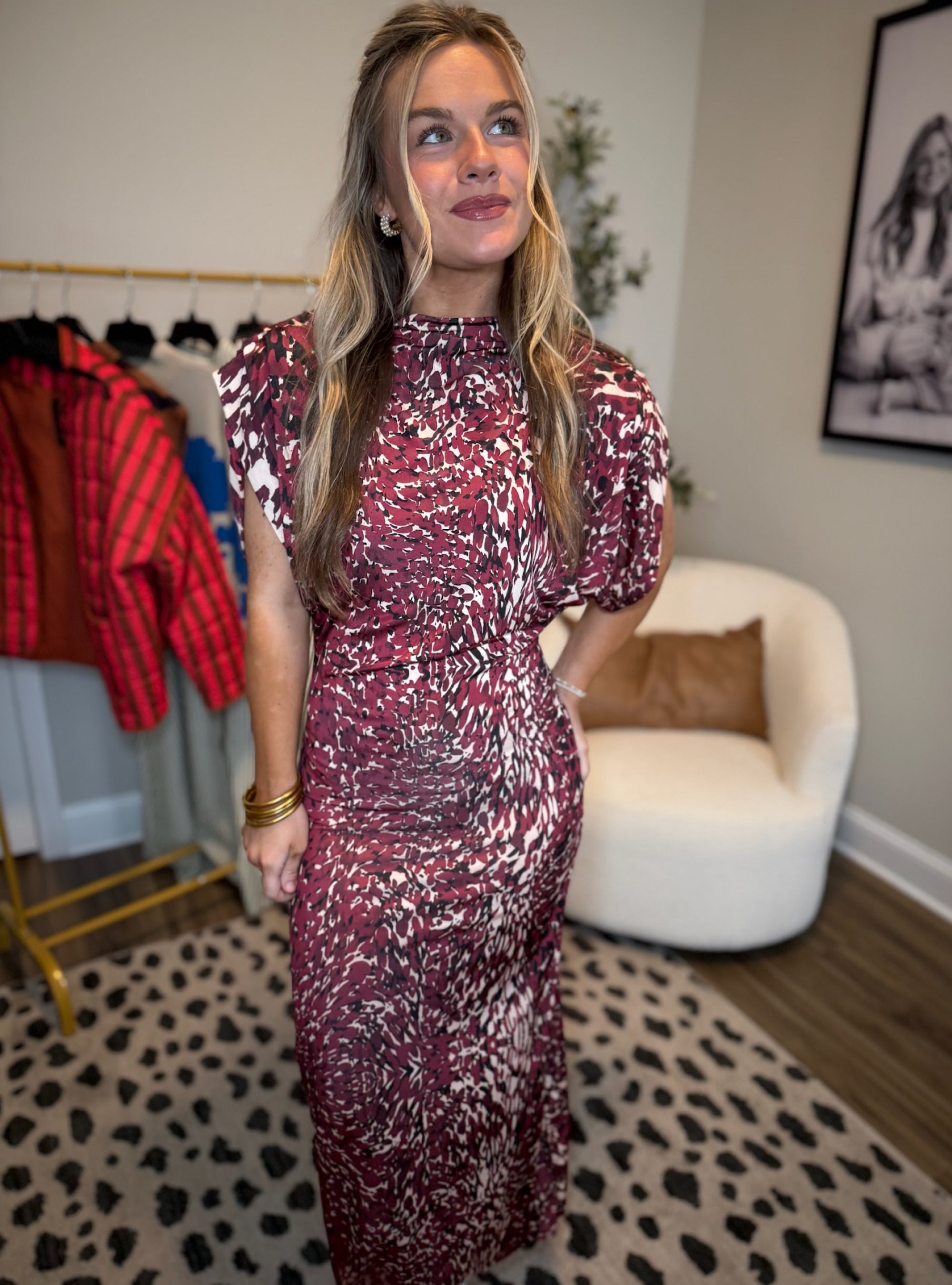 Astrid Wine Print Mock Neck Maxi Dres