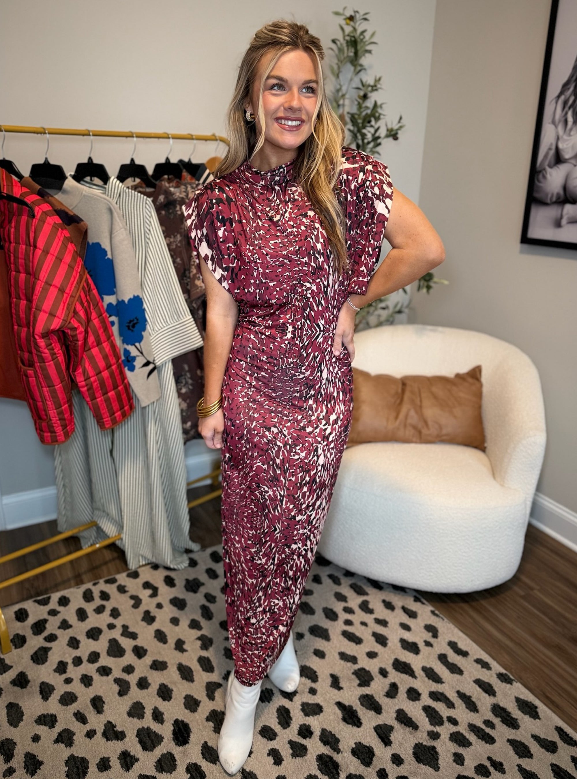 Astrid Wine Print Mock Neck Maxi Dres