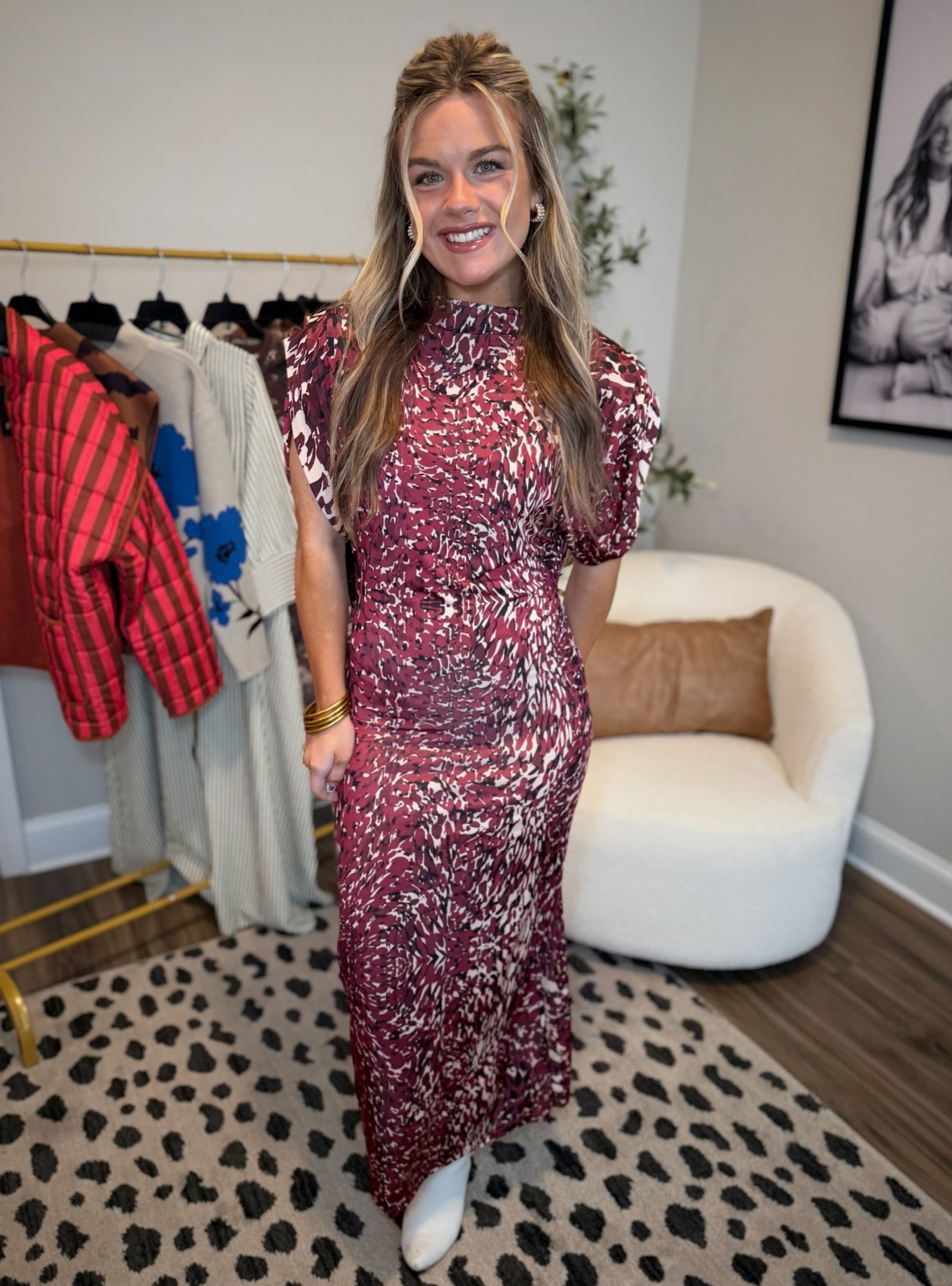 Astrid Wine Print Mock Neck Maxi Dres