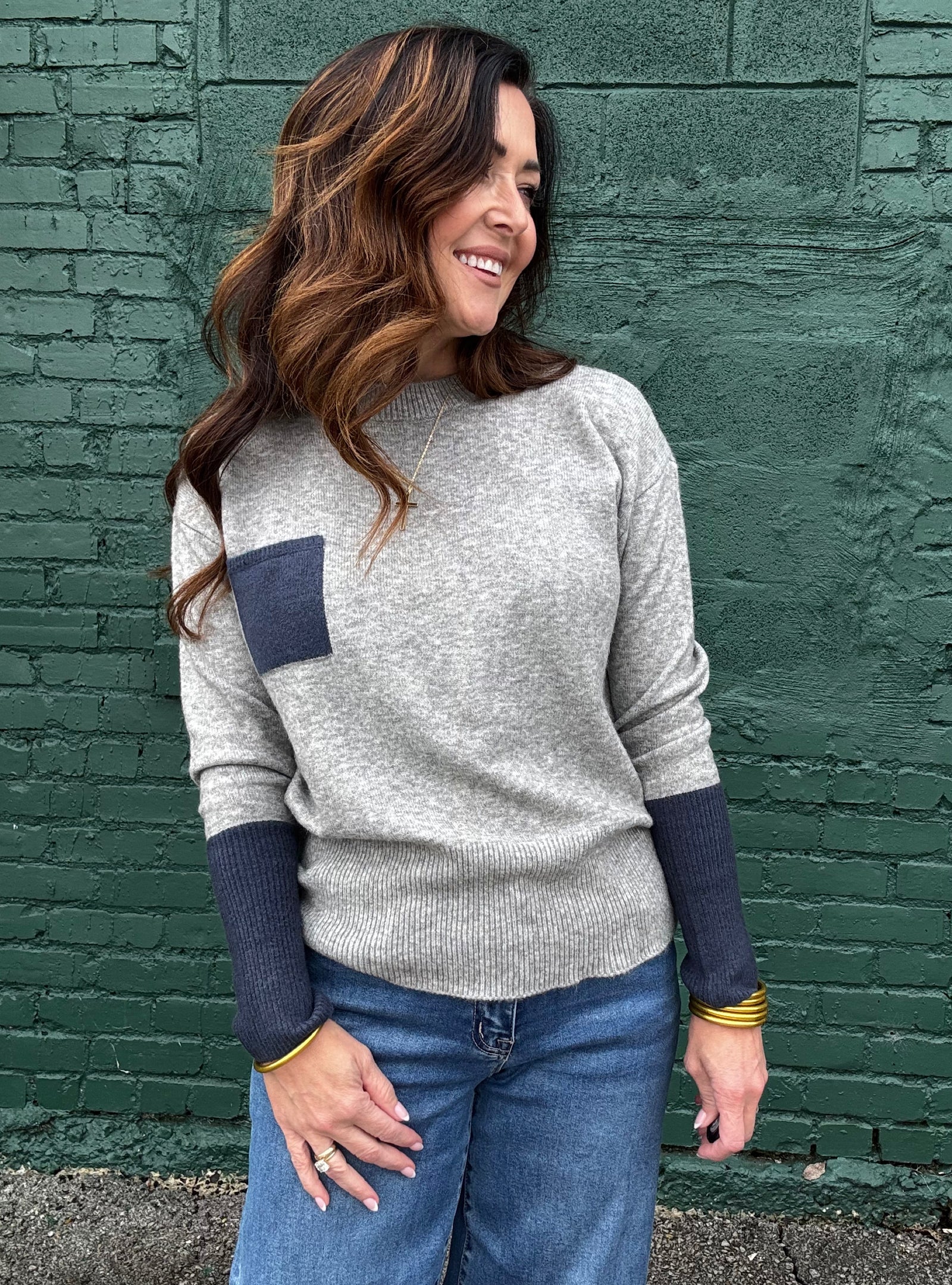 Charlie B Grey & Navy Pocket Sweater