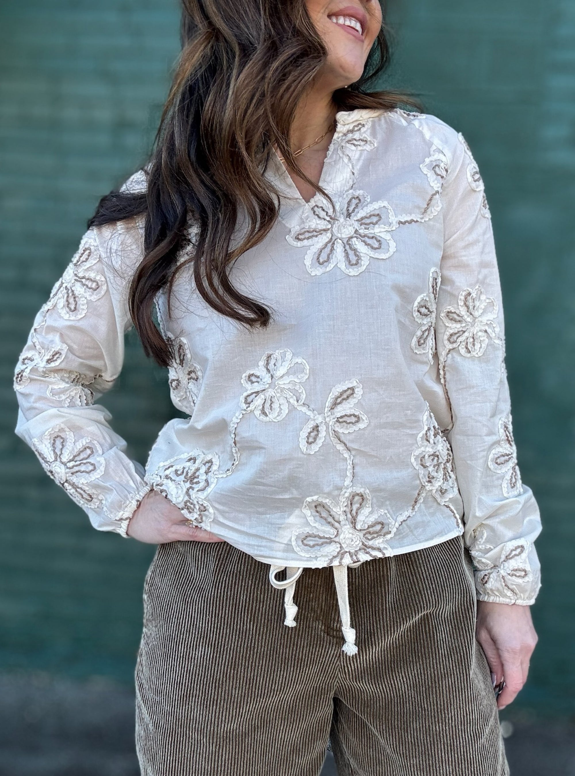 Charlie B Ecru Embroidered Cotton Blouse