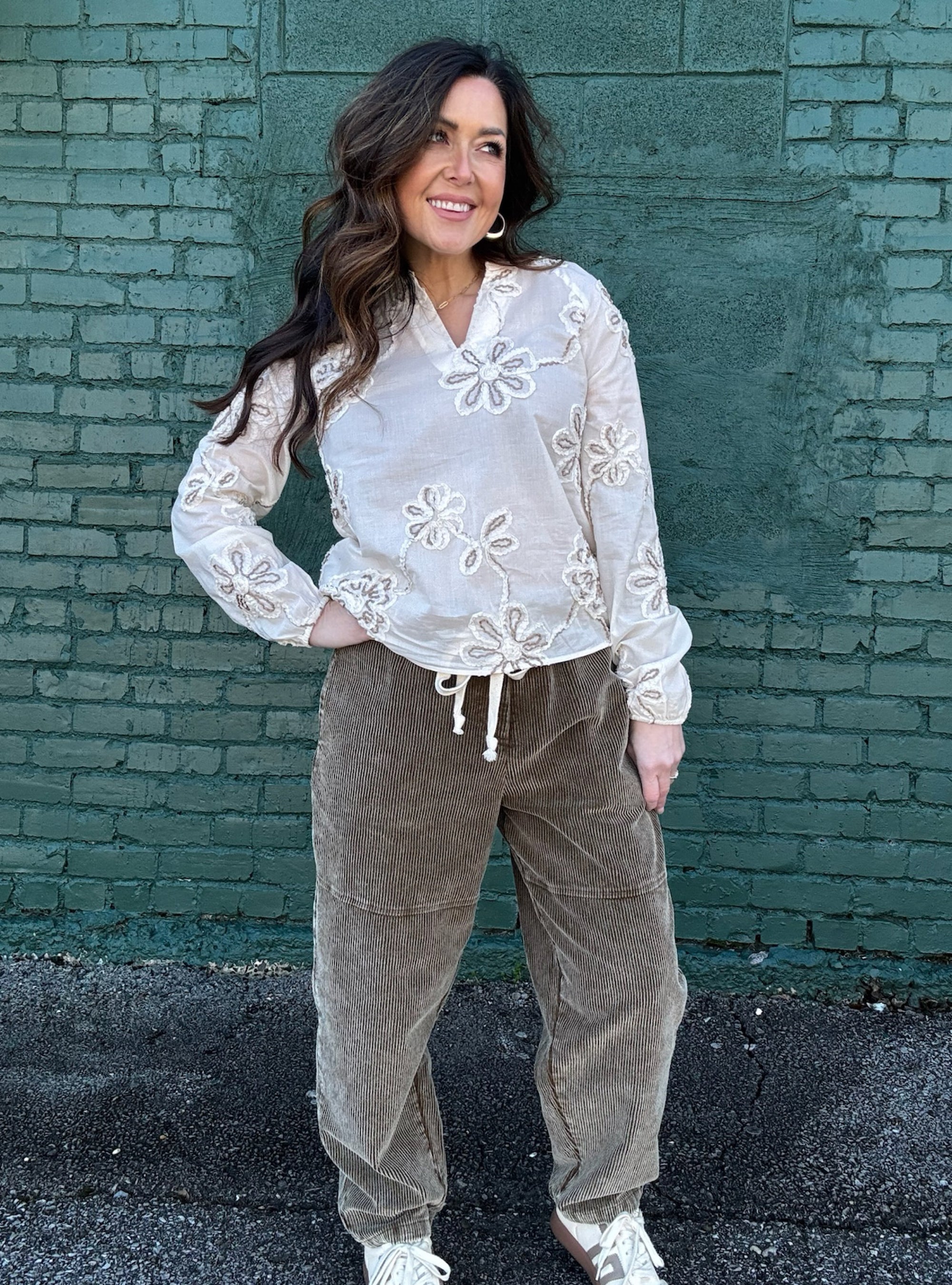 Charlie B Ecru Embroidered Cotton Blouse