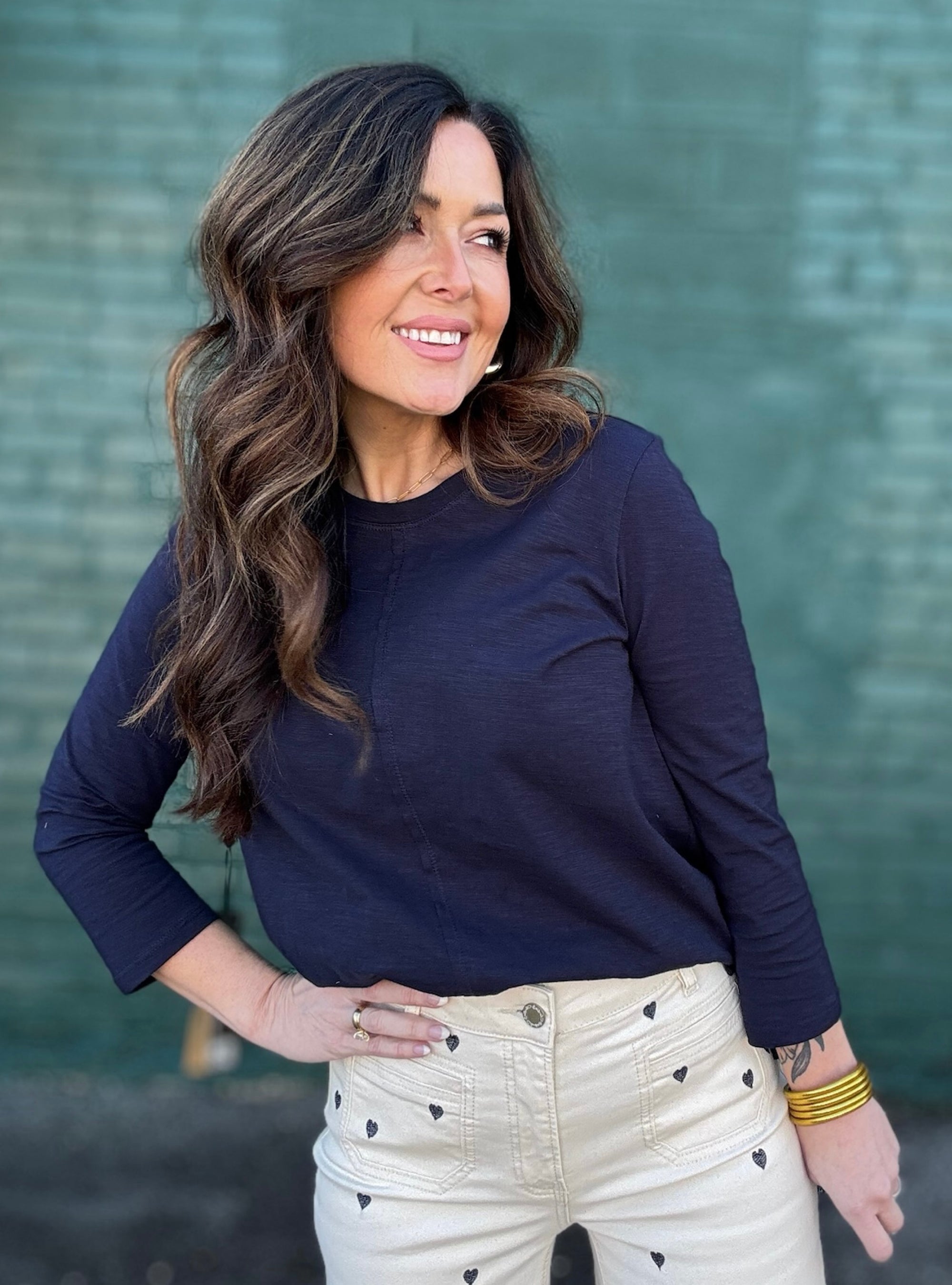 Charlie B Navy Organic Cotton 3/4 Sleeve Top