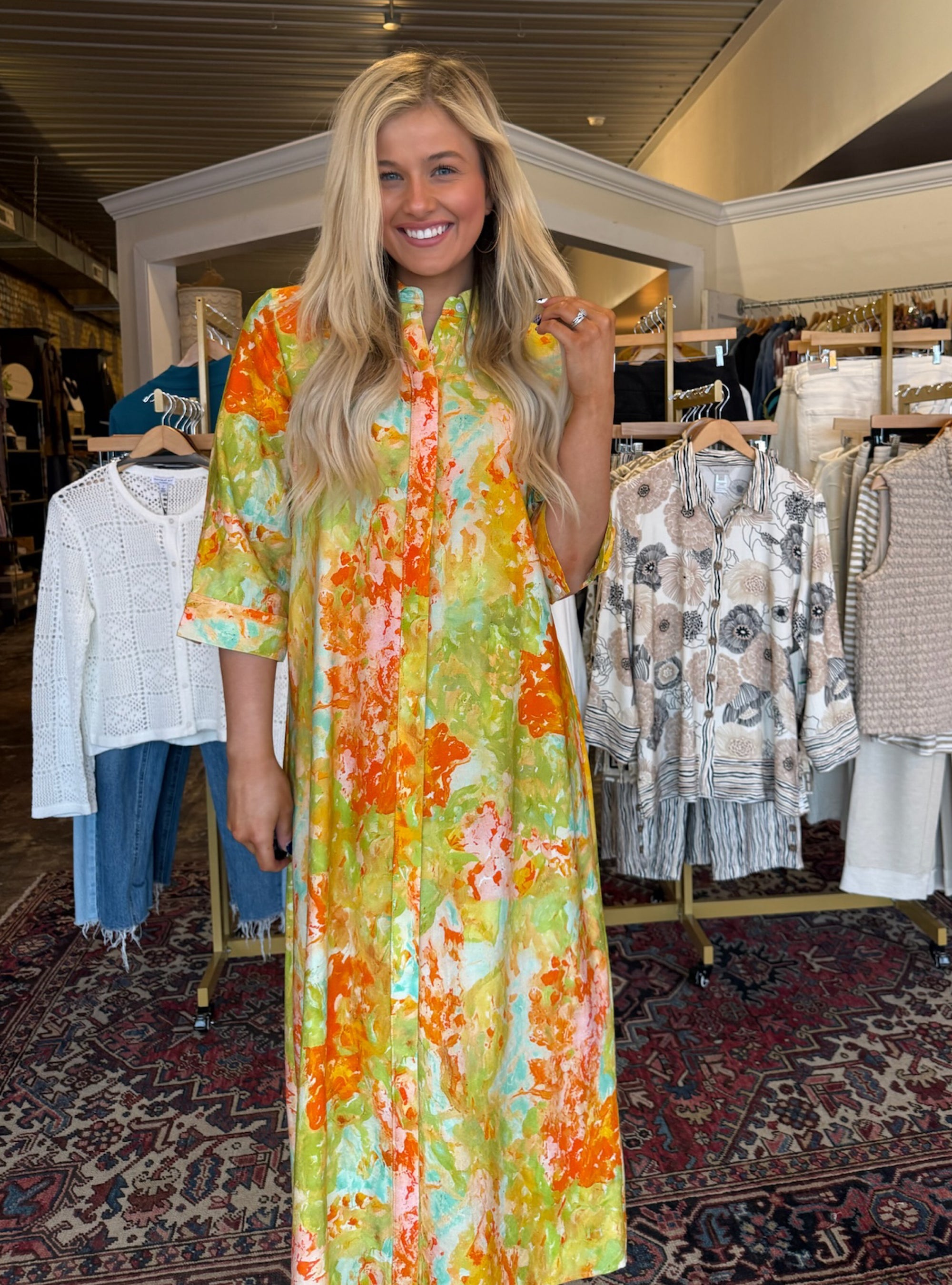 Boho Chic Green &amp; Orange Button Front Maxi Dress