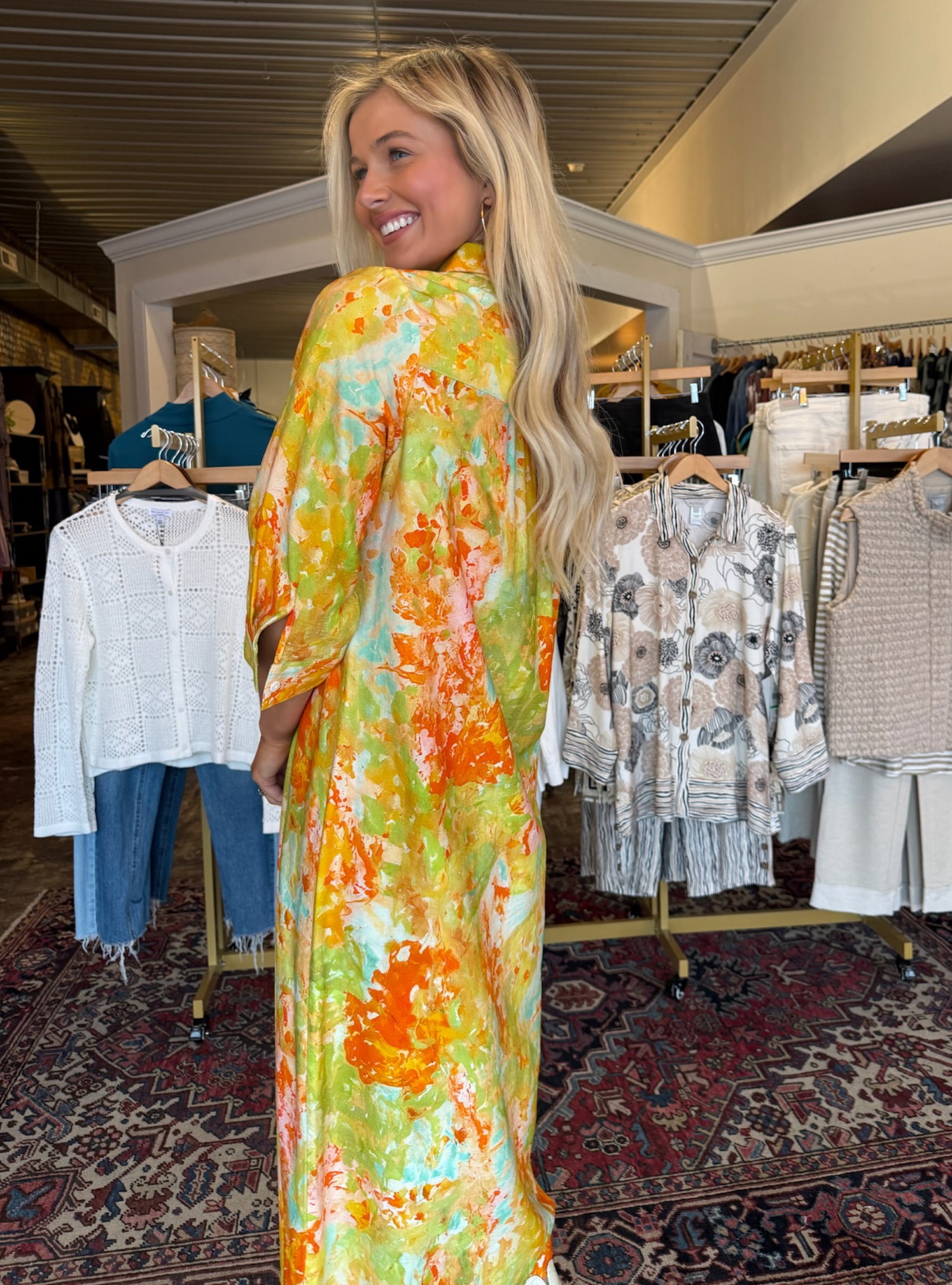 Boho Chic Green &amp; Orange Button Front Maxi Dress