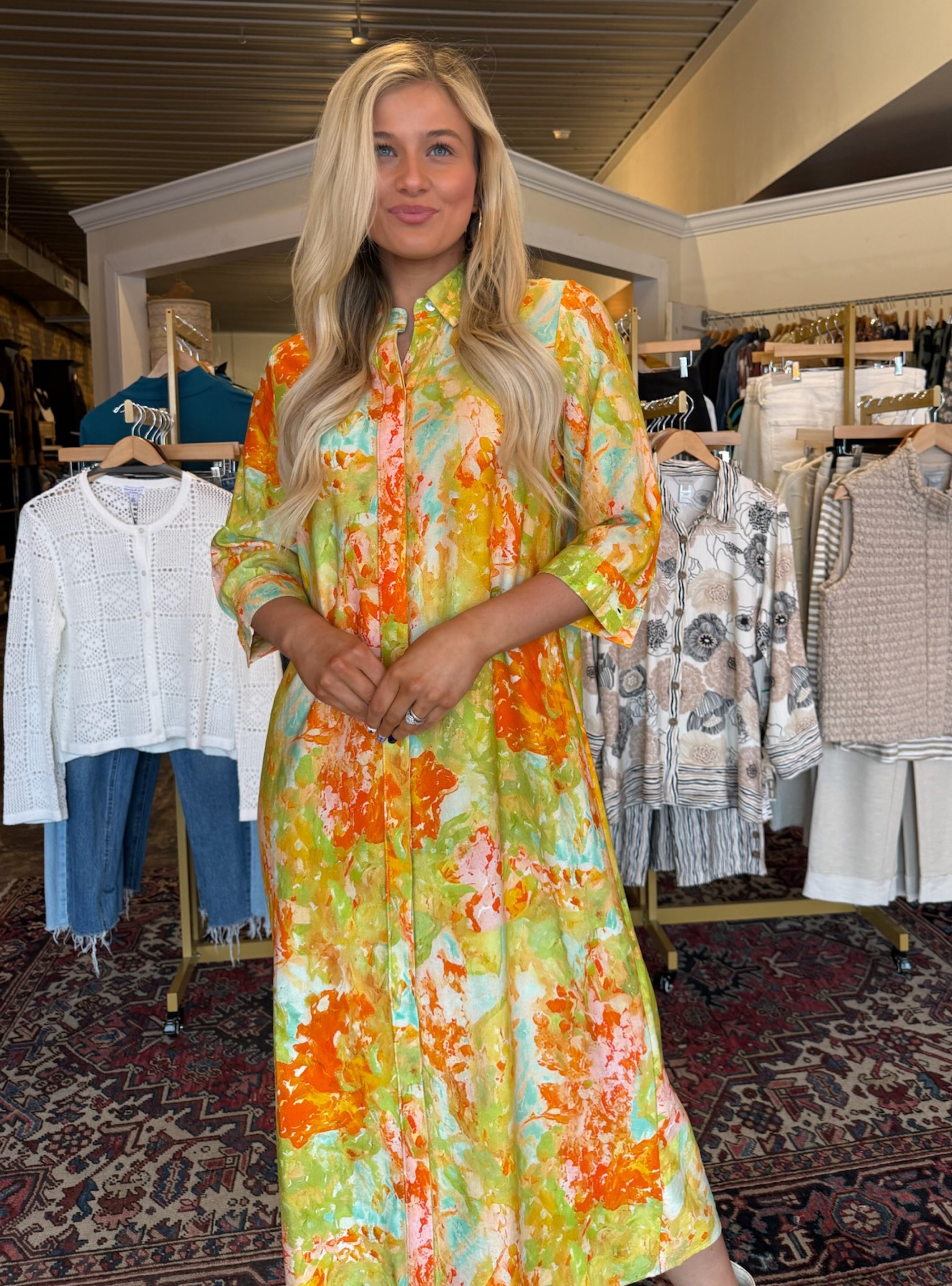 Boho Chic Green &amp; Orange Button Front Maxi Dress