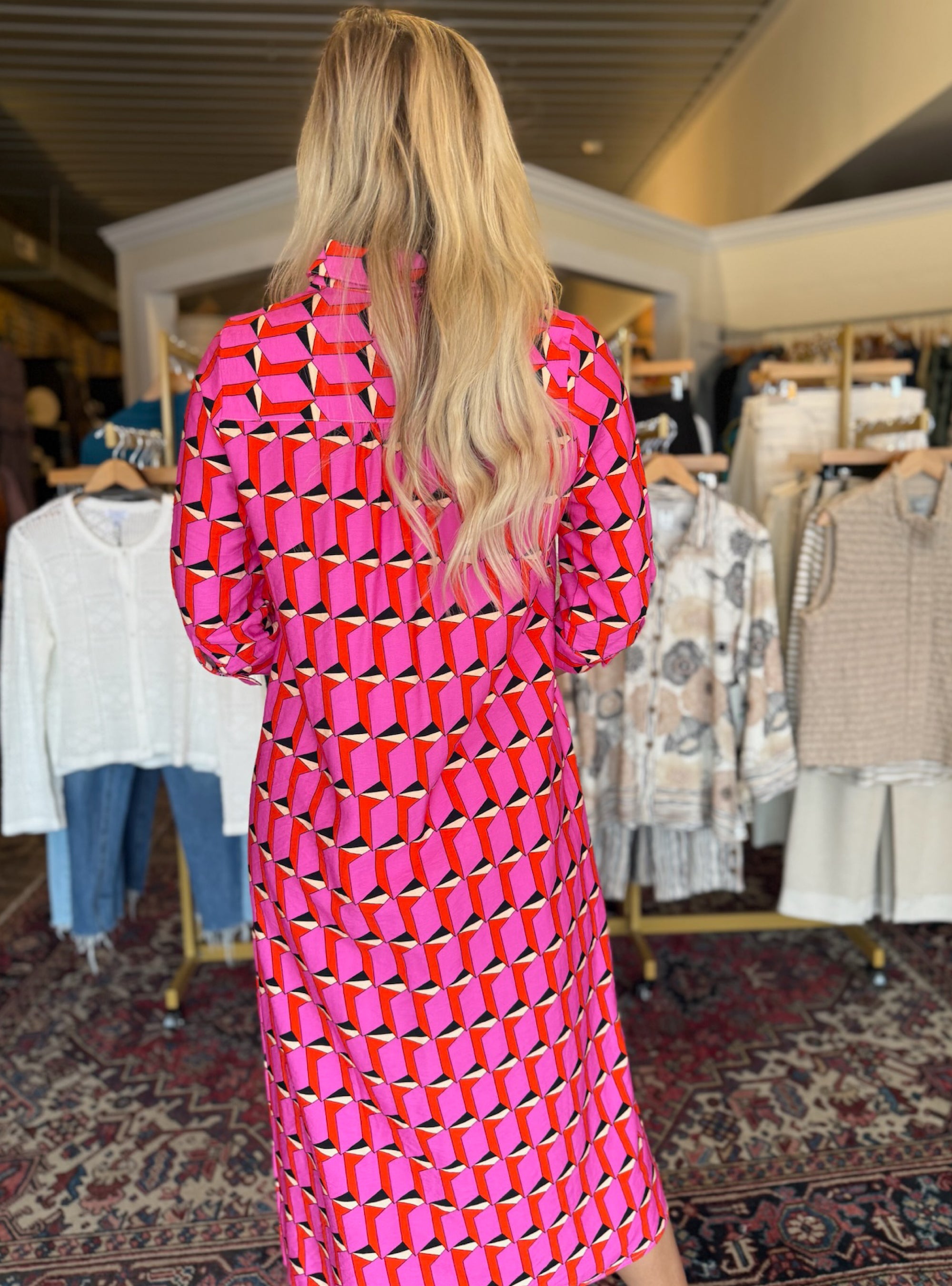 Boho Chic Pink &amp; Black Button Front Maxi Dress