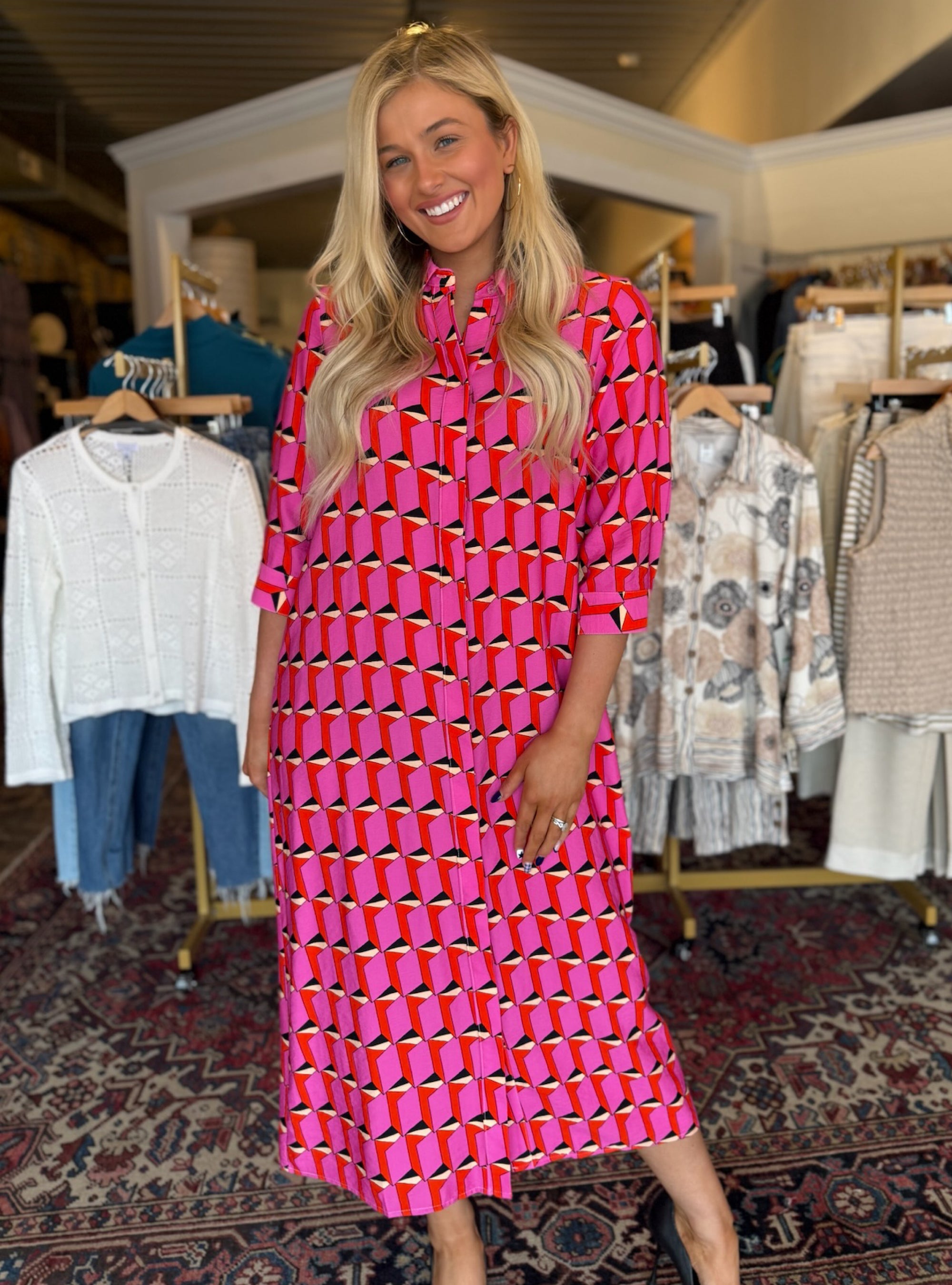 Boho Chic Pink &amp; Black Button Front Maxi Dress