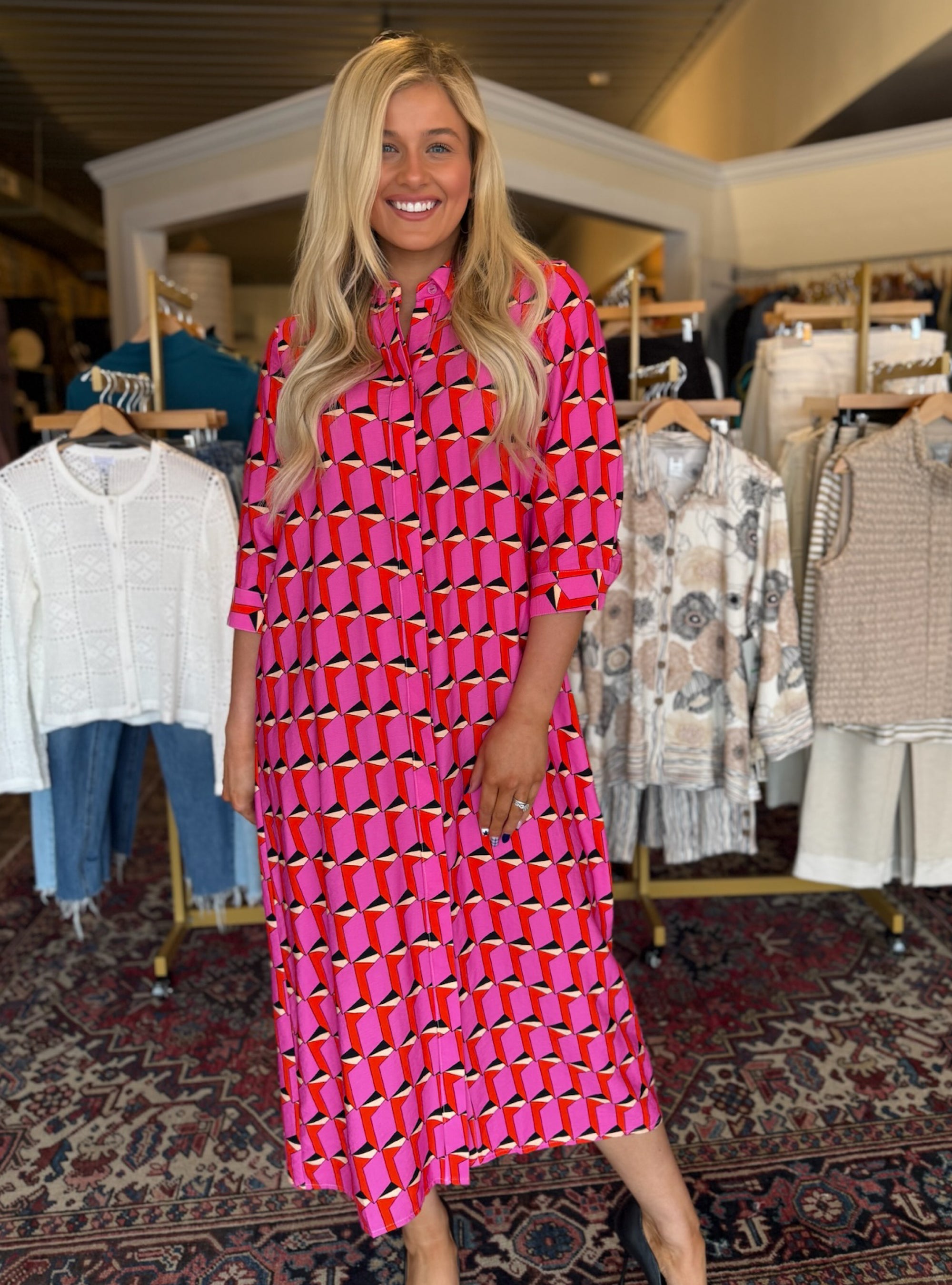 Boho Chic Pink &amp; Black Button Front Maxi Dress
