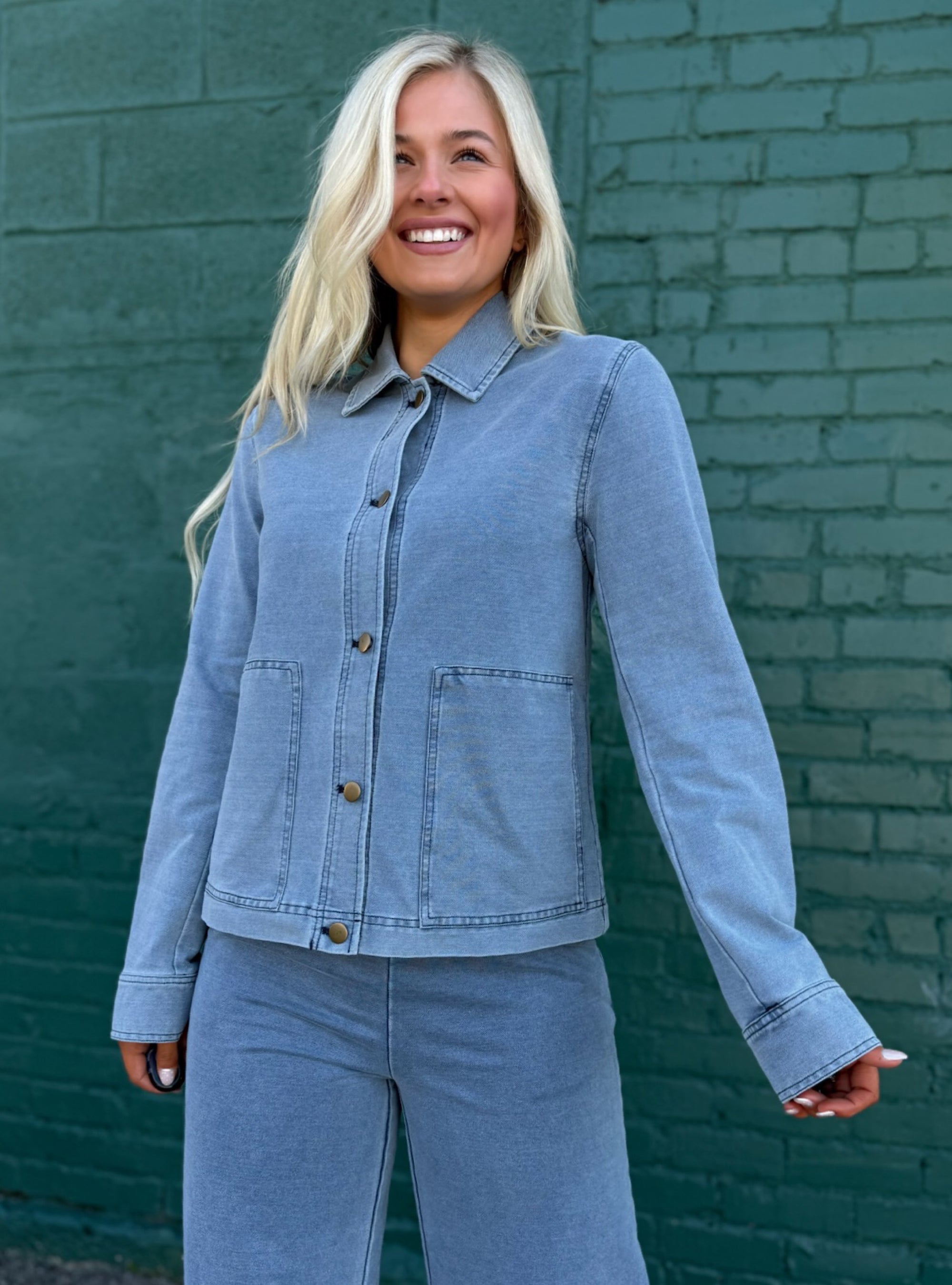 All Day Comfort Denim Button Jacket