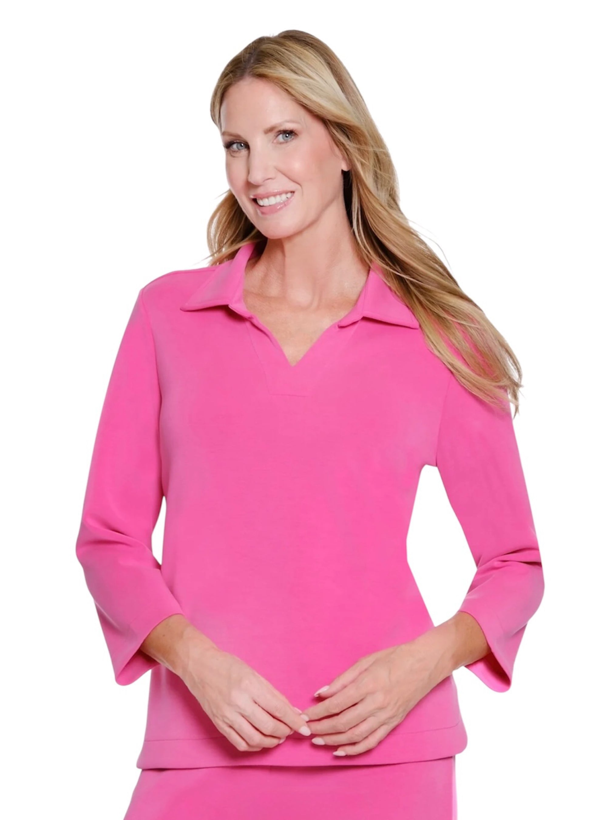 Slimsation Johnny Collar V-Neck Knit Top - Candy Pink