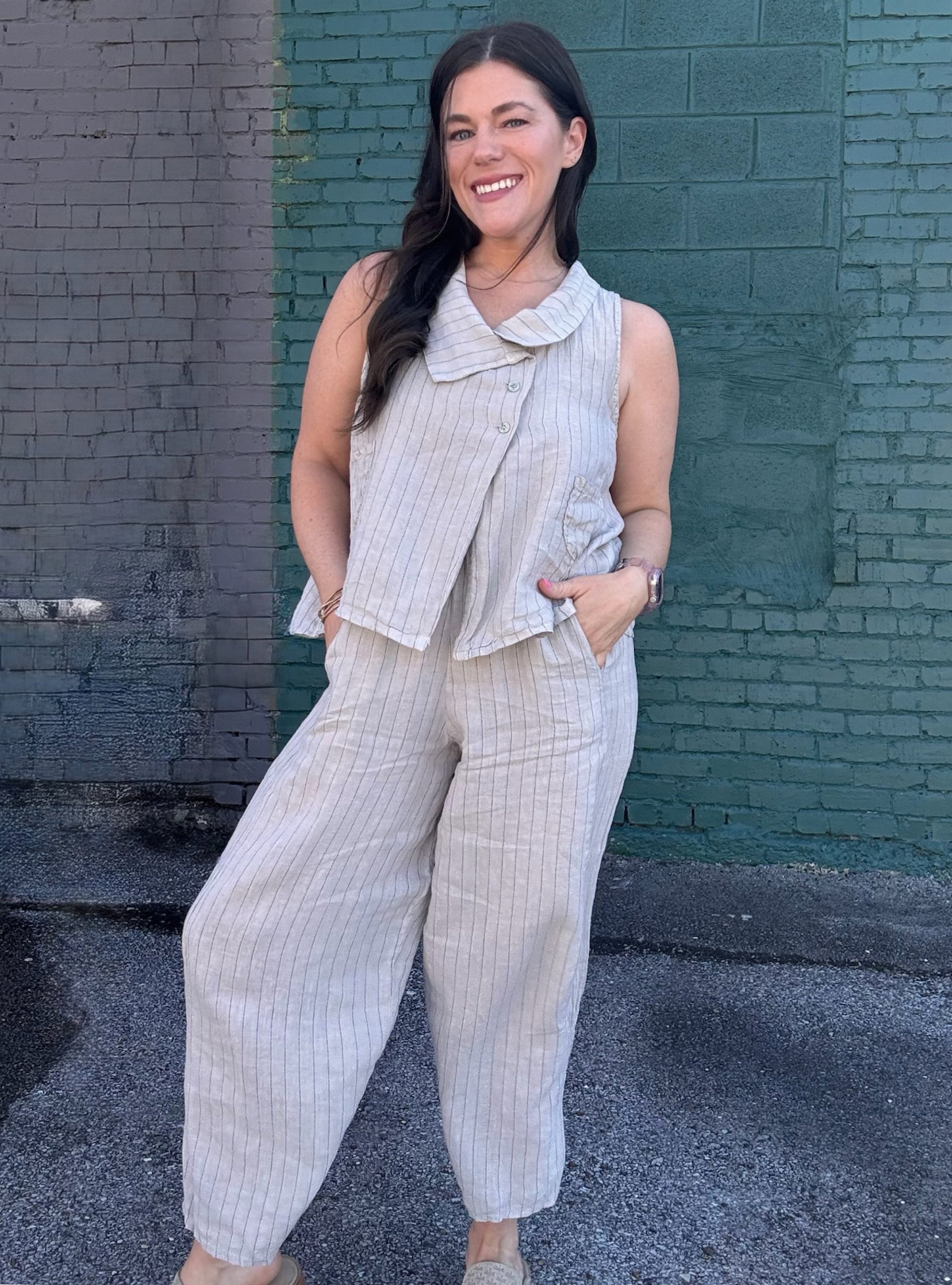Saga One Size Linen Pinstripe Barrel Pant