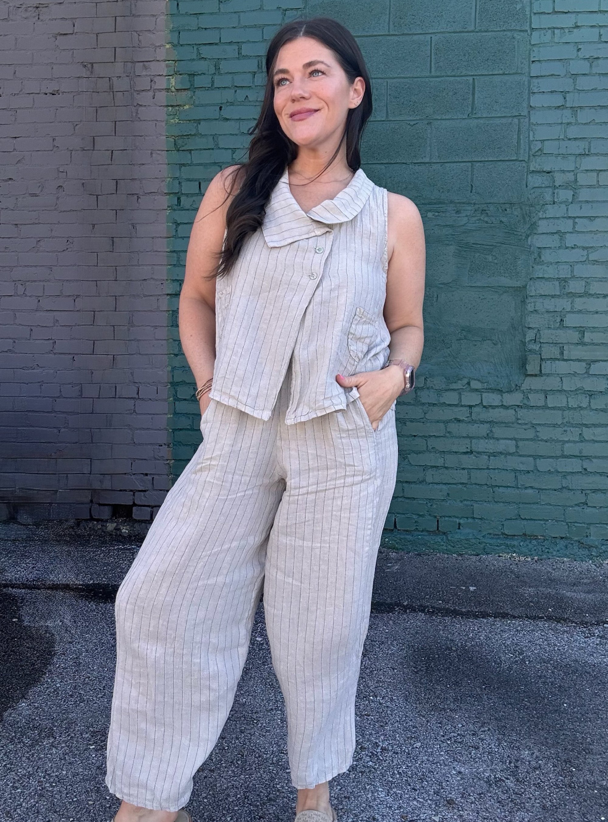 Saga One Size Linen Pinstripe Sleeveless Top