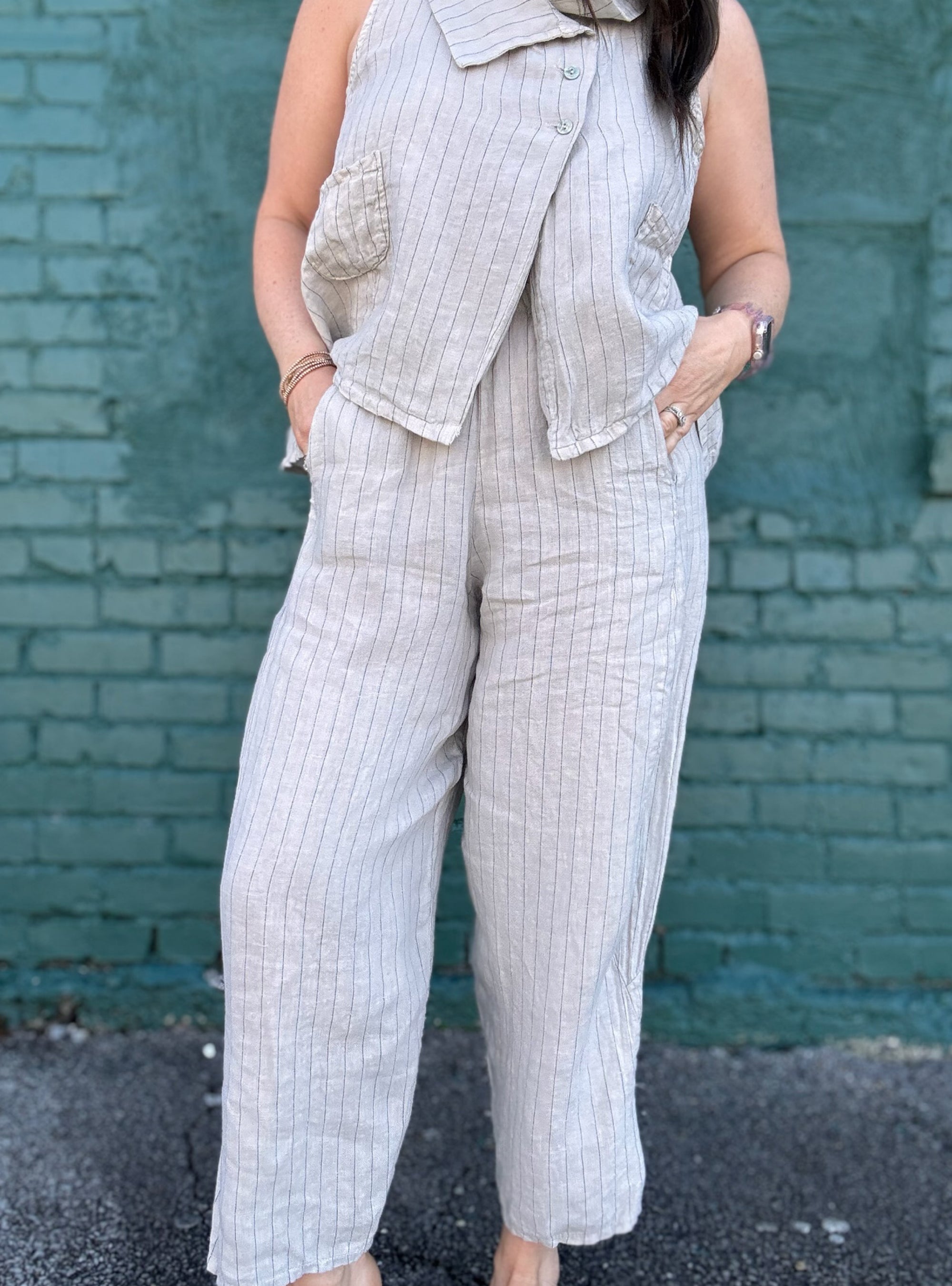 Saga One Size Linen Pinstripe Barrel Pant