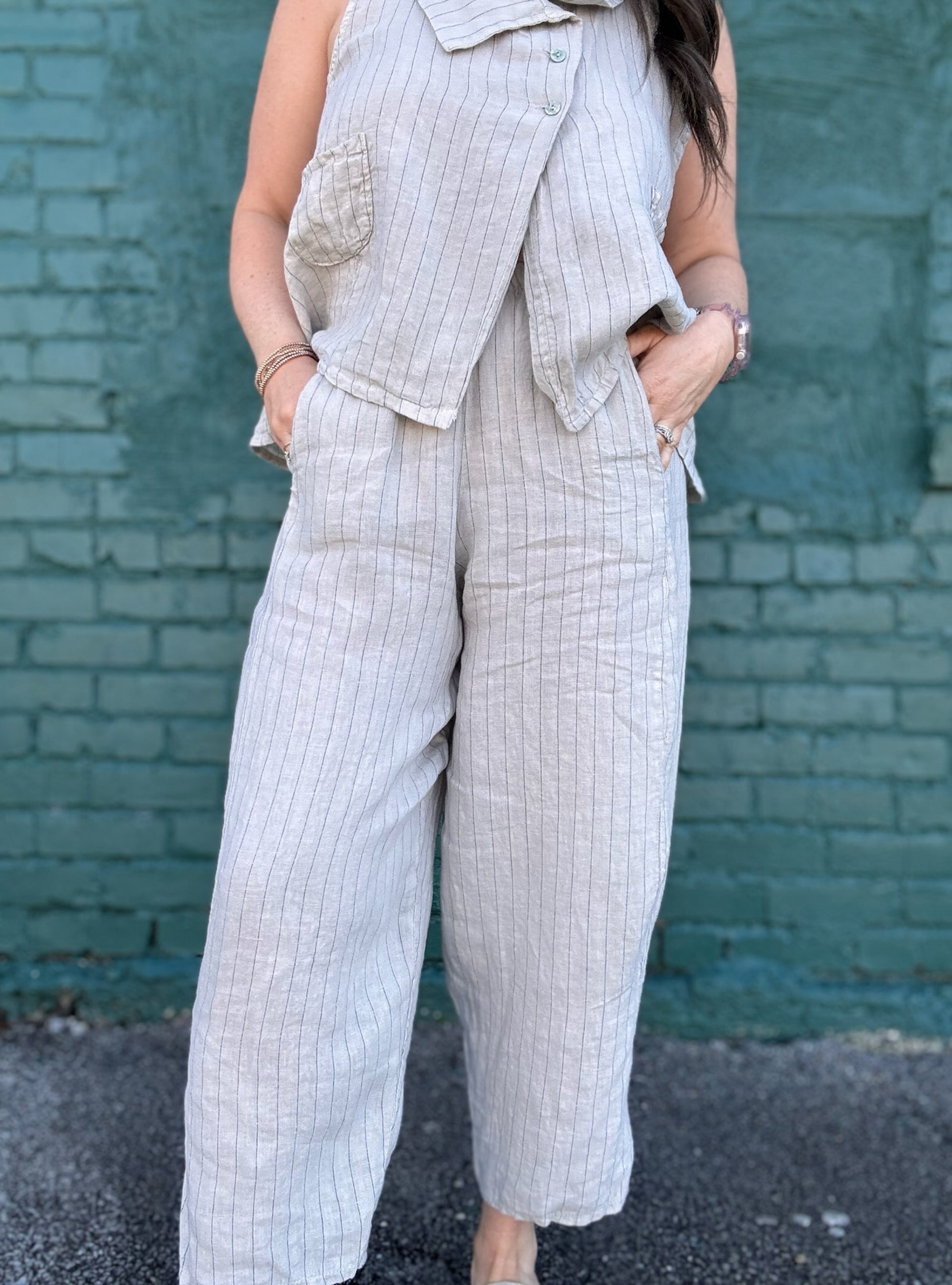 Saga One Size Linen Pinstripe Barrel Pant