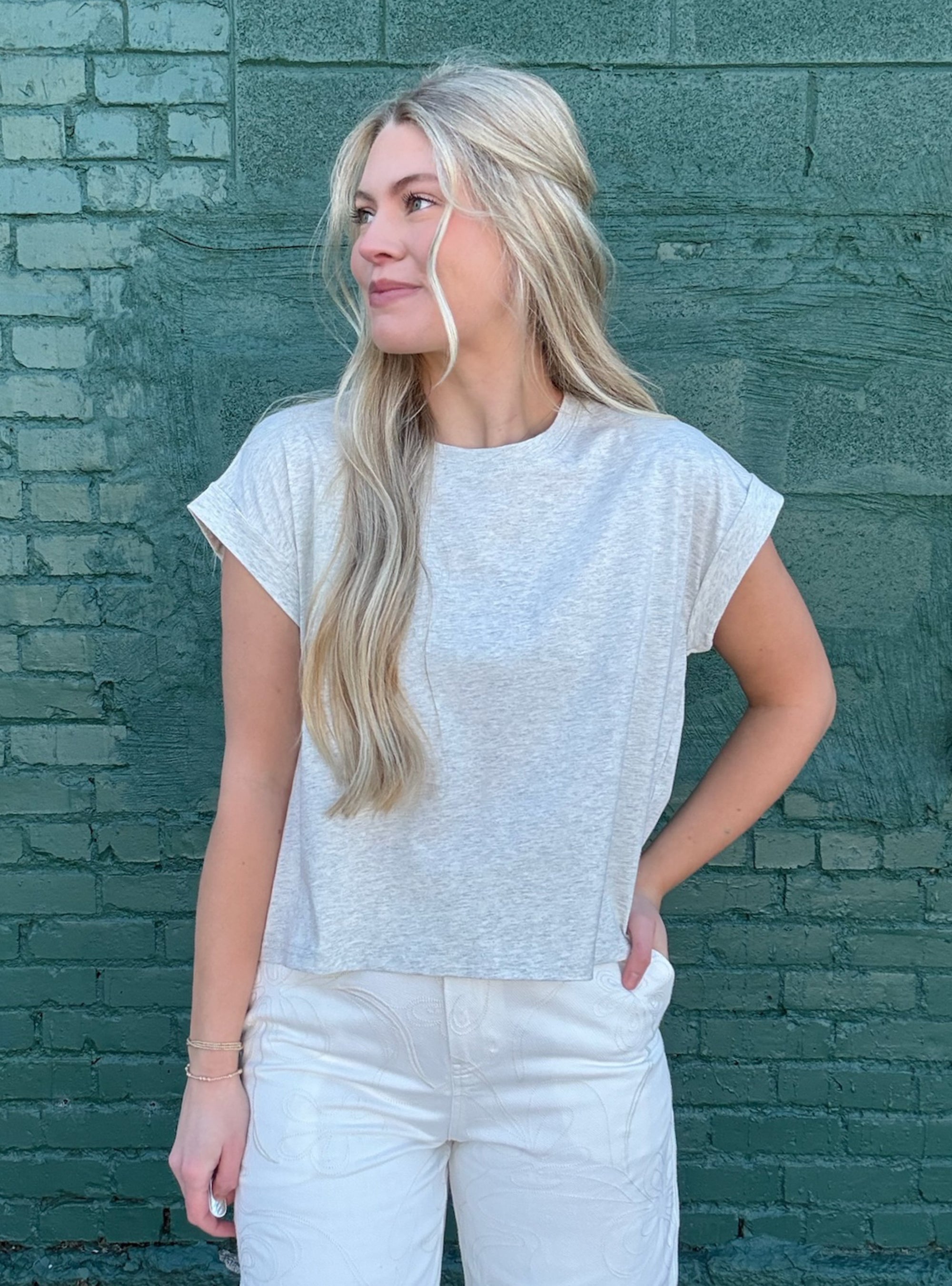 Keep It Simple Cuffed Sleeve Heather Grey Basic Tee