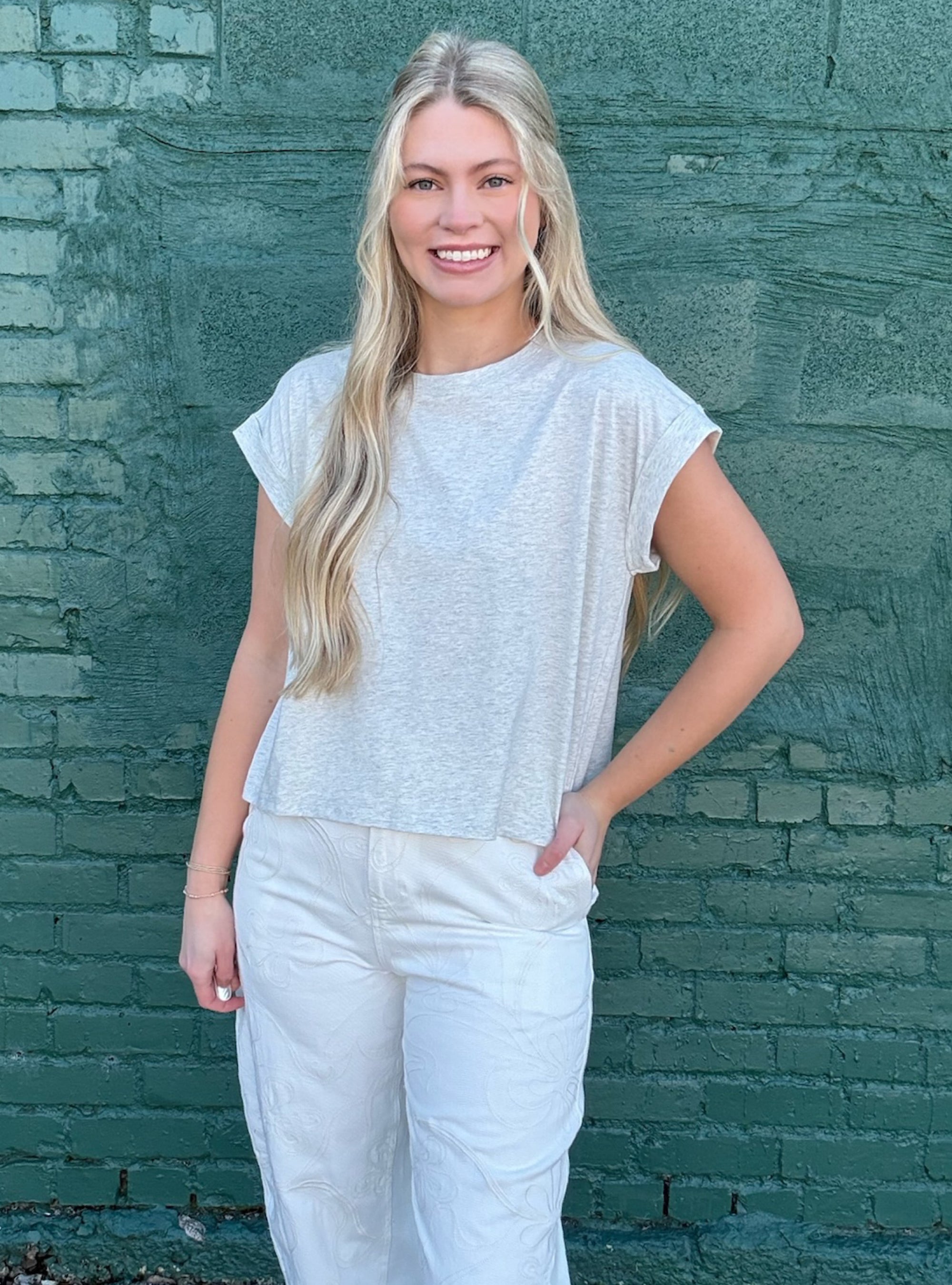 Keep It Simple Cuffed Sleeve Heather Grey Basic Tee