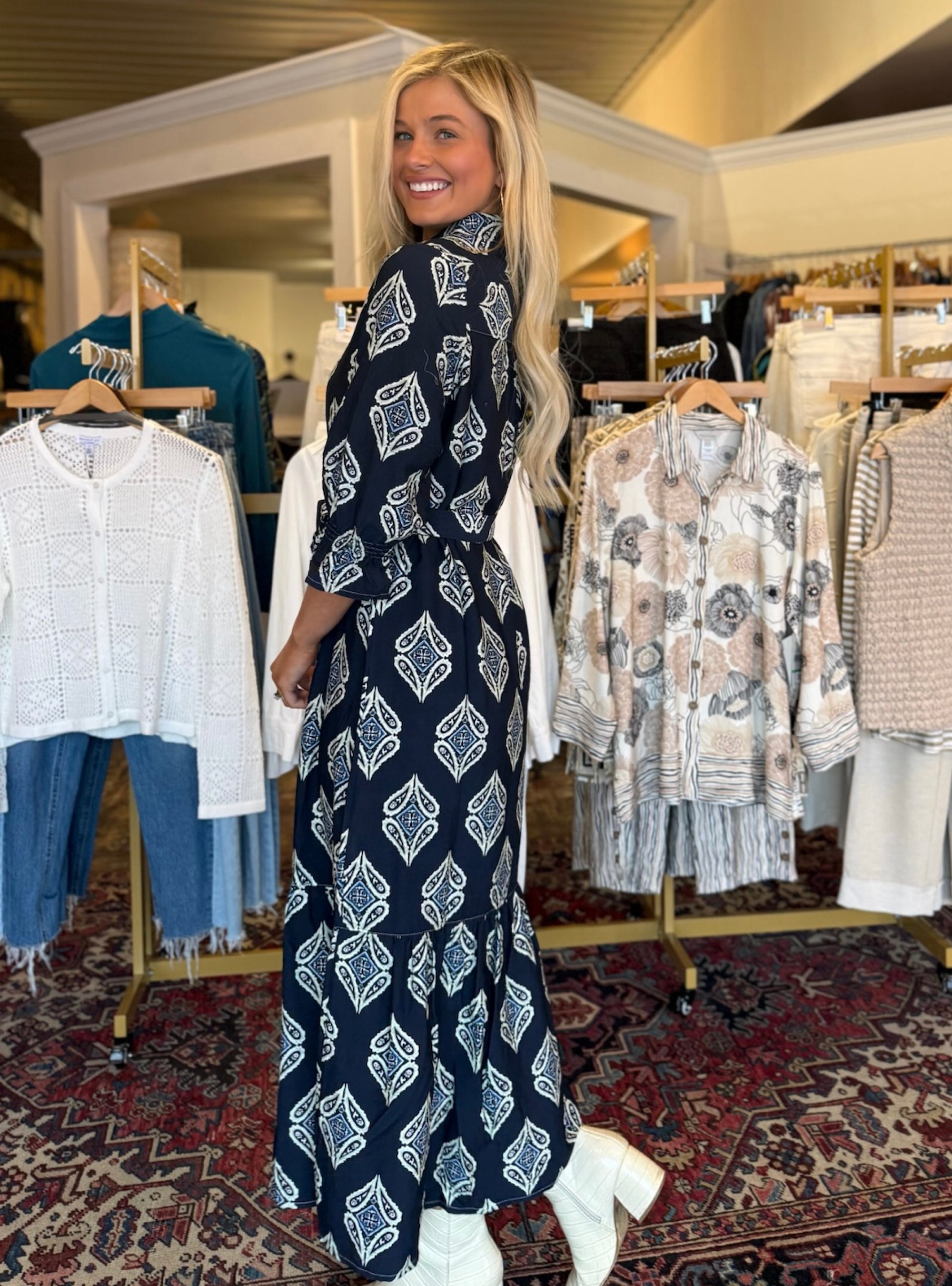 Boho Chic Navy Printed Belted Dress