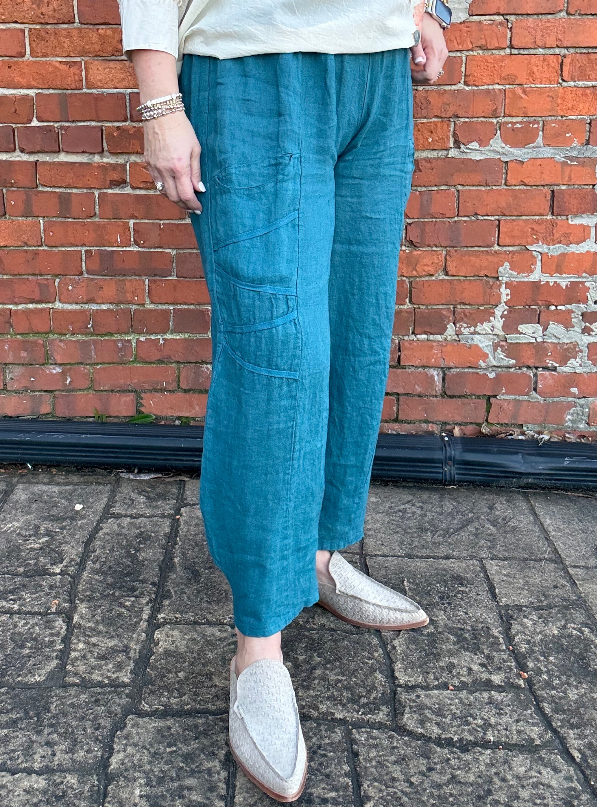 SAGA One Size Diagonal Accent Linen Pant - Teal