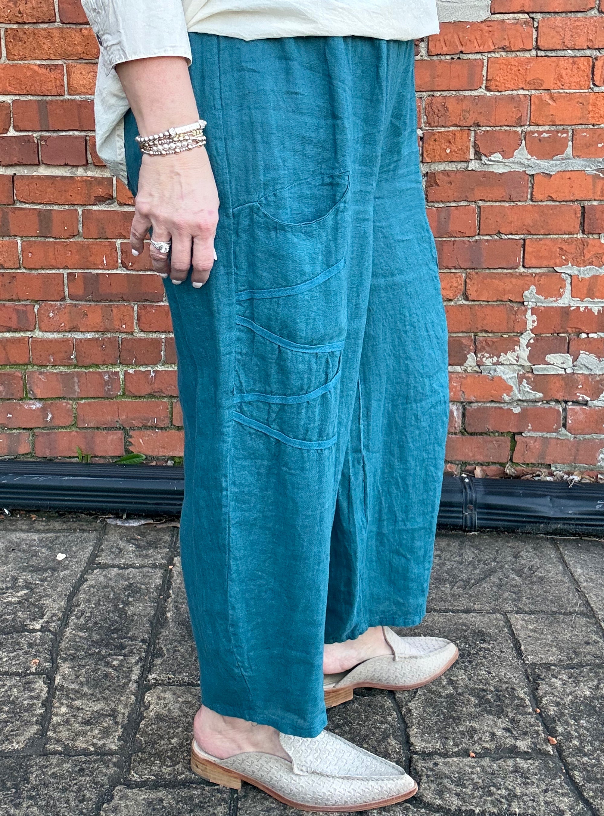 SAGA One Size Diagonal Accent Linen Pant - Teal