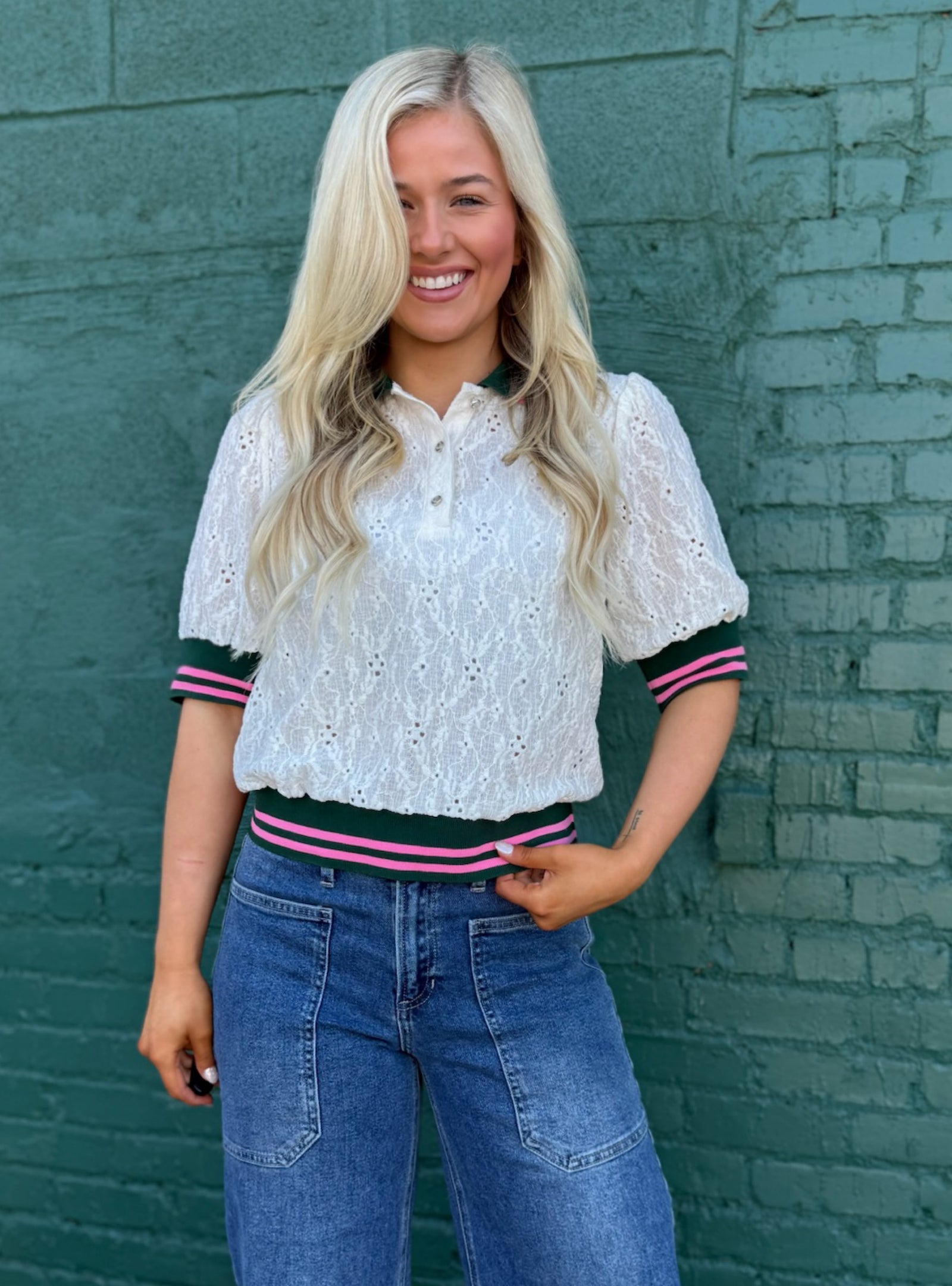 Preppy With An Eyelet Twist Top