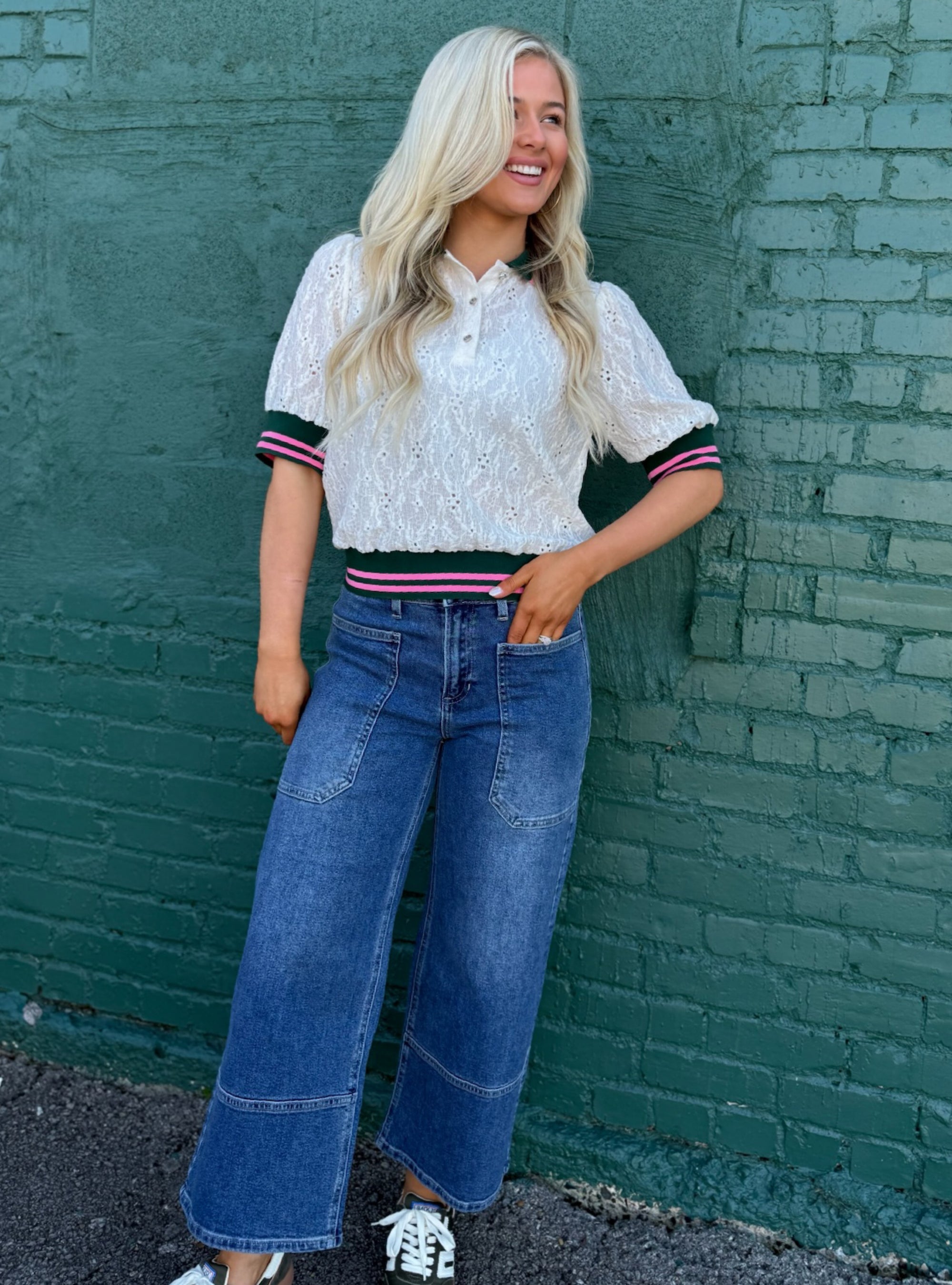 Preppy With An Eyelet Twist Top